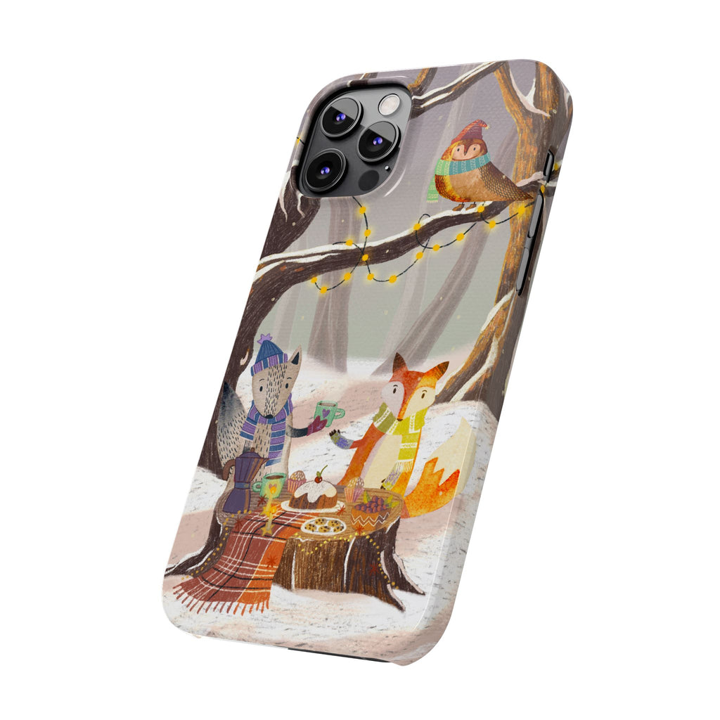 Cozy Winter Animals Slim iPhone Case, Cute Fox & Owl Design, Winter Theme Holiday Gift, Cute Phone Cover Gift, iPhone 16 15 14 13 12 11 X XR
