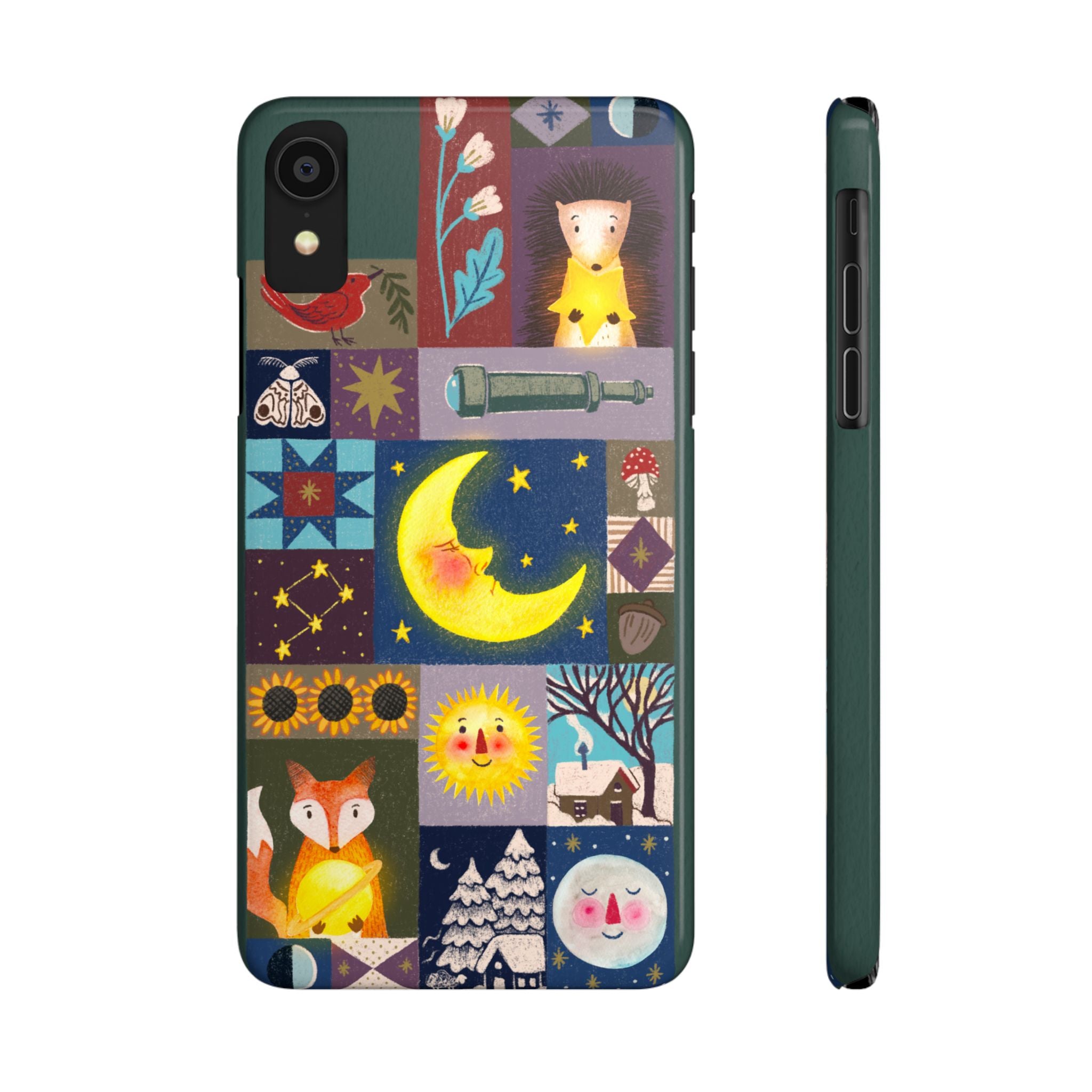 Celestial Quilt iPhone Case, Folk Art Moon Sun Fox Case, Nature Patchwork Cover, Cute Stellar Design, iPhone 7 8 X XR XS 11 12 13 14 15 16