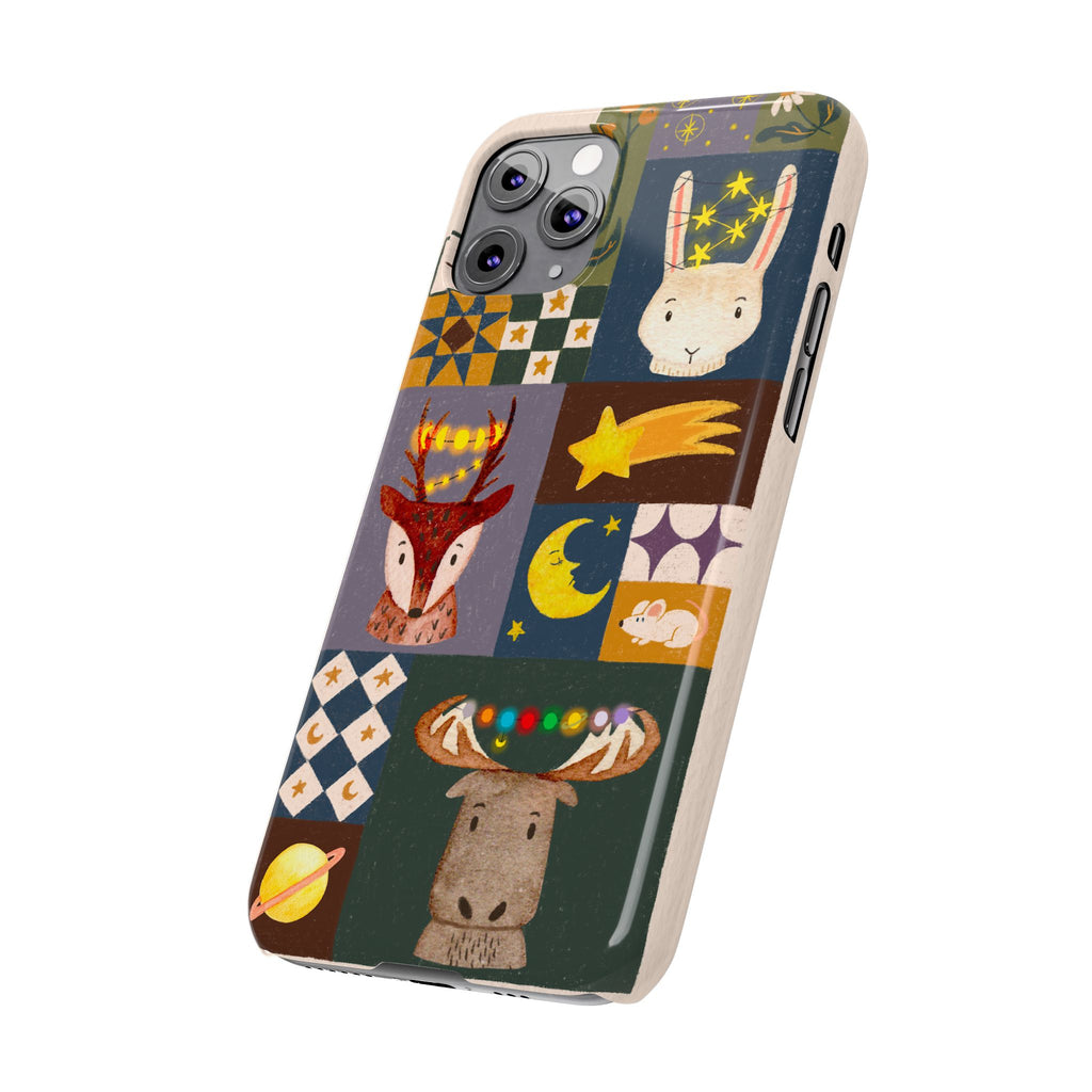Holiday Night Sky Slim Case, Cute Forest Creatures iPhone Cover, Bunny Deer Moose, iPhone 7 8 X XR XS 11 12 13 14 15 16