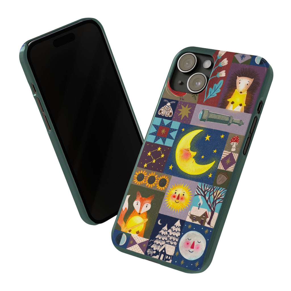 Celestial Quilt iPhone Case, Folk Art Moon Sun Fox Case, Nature Patchwork Cover, Cute Stellar Design, iPhone 7 8 X XR XS 11 12 13 14 15 16