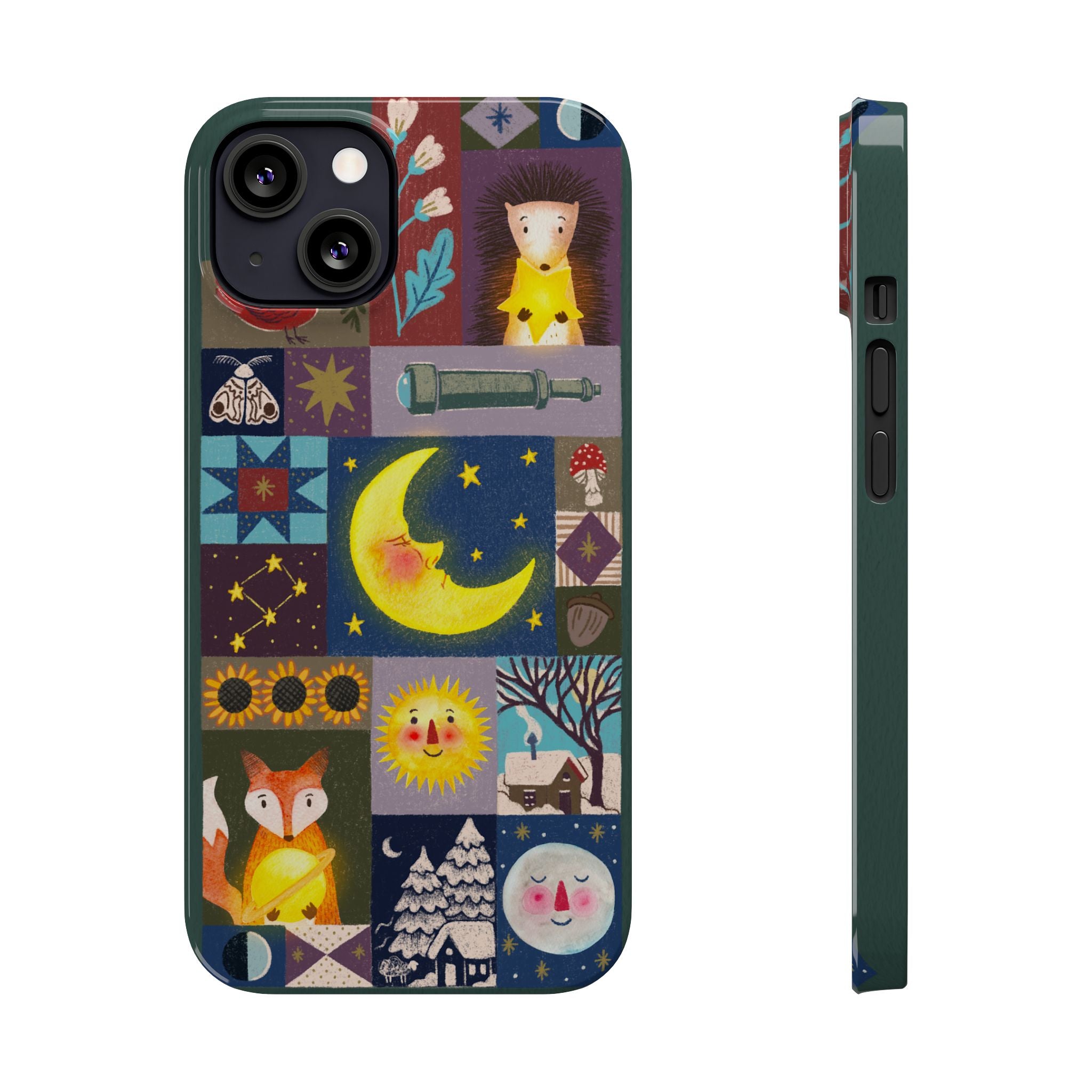 Celestial Quilt iPhone Case, Folk Art Moon Sun Fox Case, Nature Patchwork Cover, Cute Stellar Design, iPhone 7 8 X XR XS 11 12 13 14 15 16