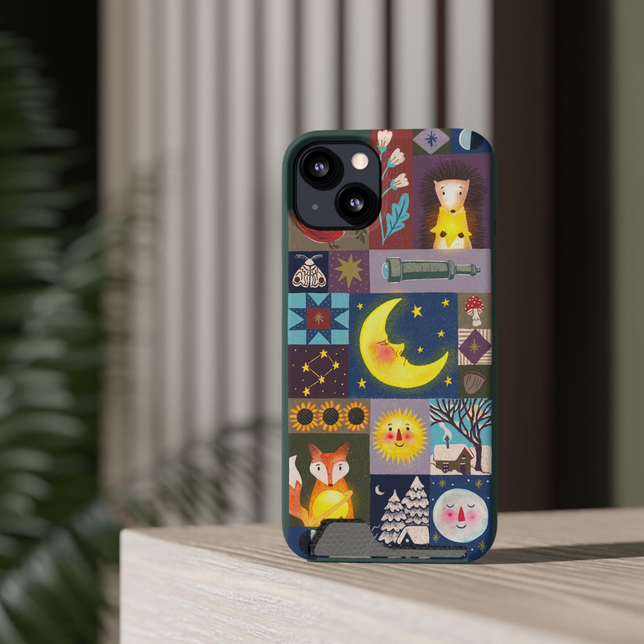 Magical Celestial Patchwork Phone Card Case - Cute Forest Animals Design, Perfect Gift for Nature Lovers, Kids & Adults, Ideal for Birthdays