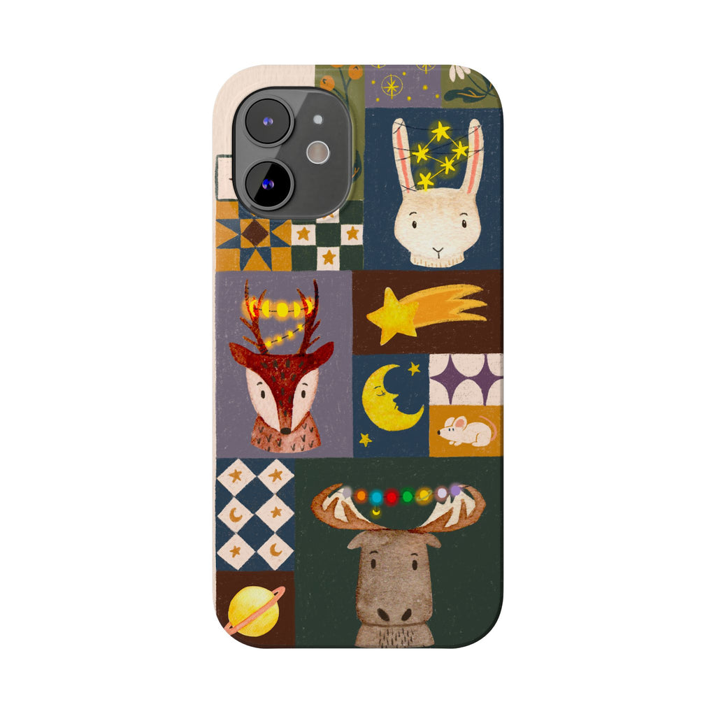 Holiday Night Sky Slim Case, Cute Forest Creatures iPhone Cover, Bunny Deer Moose, iPhone 7 8 X XR XS 11 12 13 14 15 16