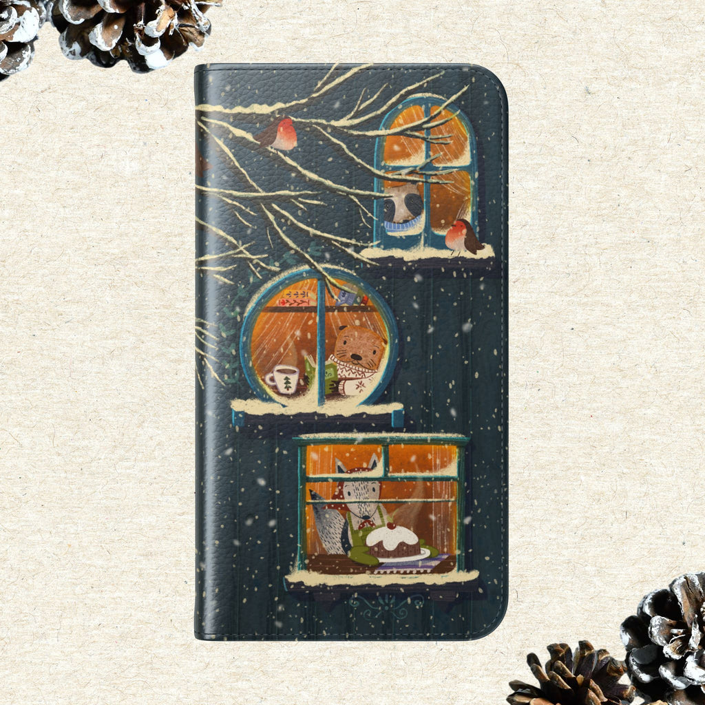Cozy Winter Cottage Wallet Case, Cute Animals Flip Cover, Vegan Leather, Cozy Vibes, Gift Idea for iPhone 11 12 13 14 15 16, Galaxy S21 S22