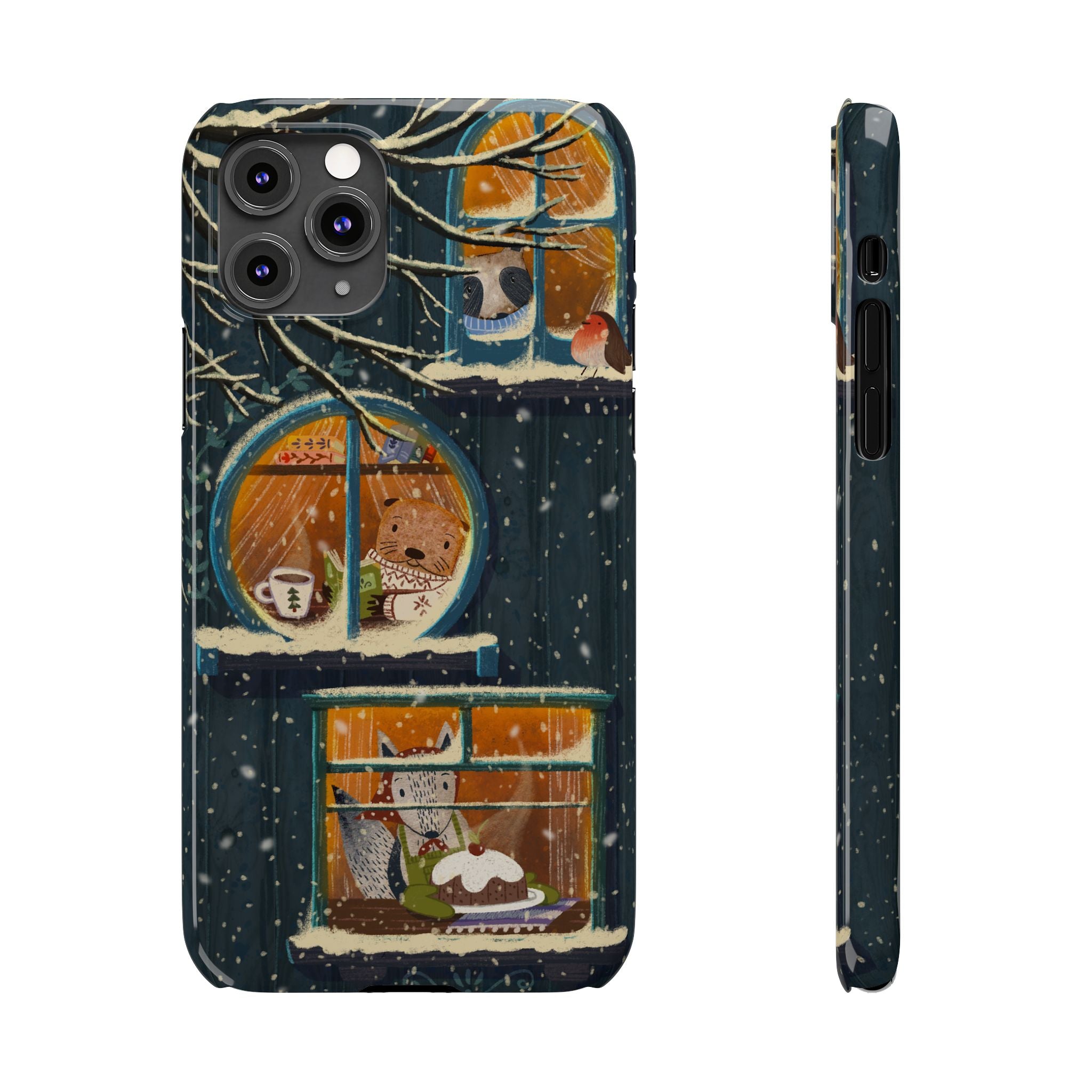 Cute Winter Animals Cozy Home iPhone Case, Woodland Cottage Cover, Treehouse at Night, Raccoon Bear Fox, iPhone 16 15 14 13 12 11 X XR 8 7