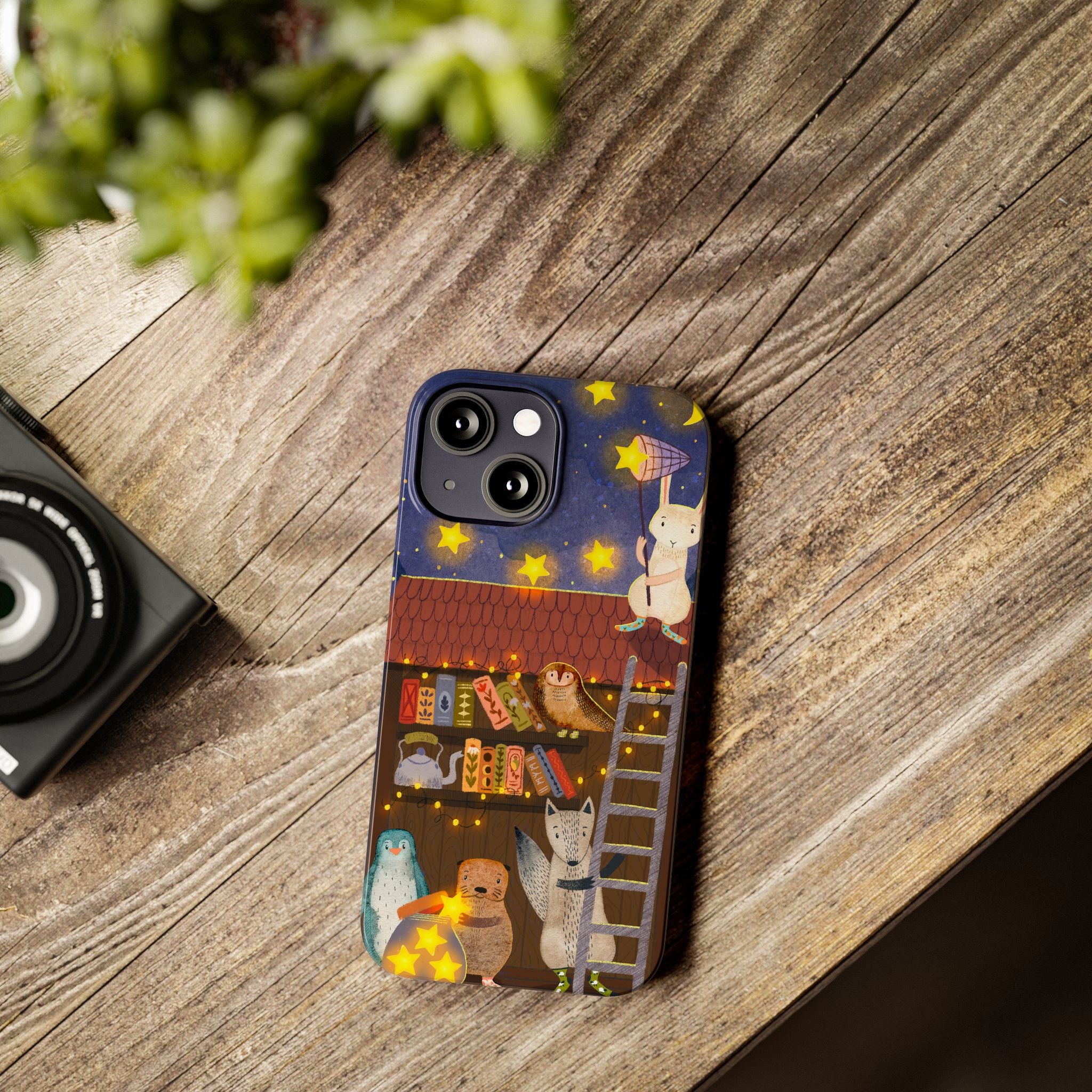 Starlit Library Phone Case, Woodland Animals iPhone Case, Cozy Night Scene Cover, Cute Animals Case Gift, iPhone 7 8 X XR 11 12 13 14 15 16