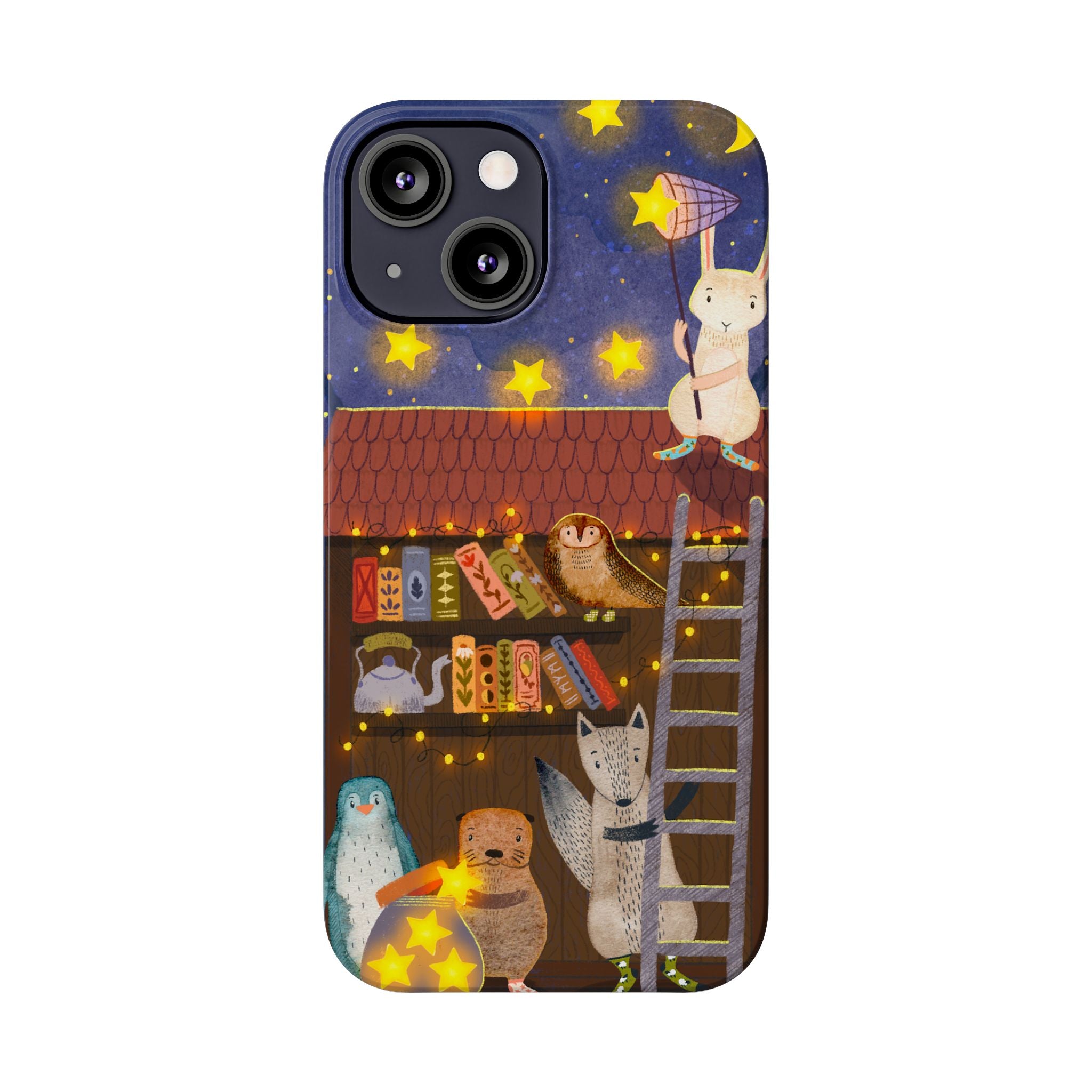 Starlit Library Phone Case, Woodland Animals iPhone Case, Cozy Night Scene Cover, Cute Animals Case Gift, iPhone 7 8 X XR 11 12 13 14 15 16