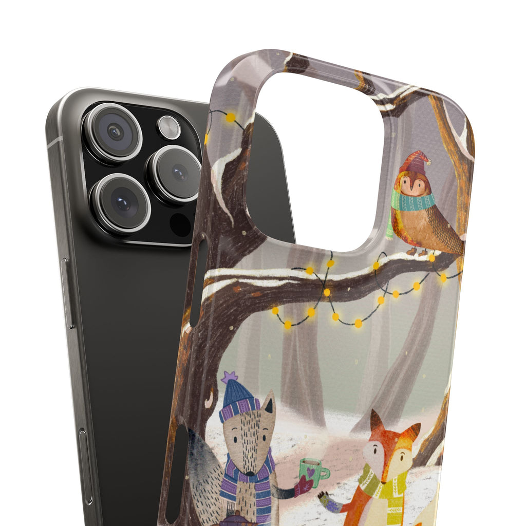 Cozy Winter Animals Slim iPhone Case, Cute Fox & Owl Design, Winter Theme Holiday Gift, Cute Phone Cover Gift, iPhone 16 15 14 13 12 11 X XR