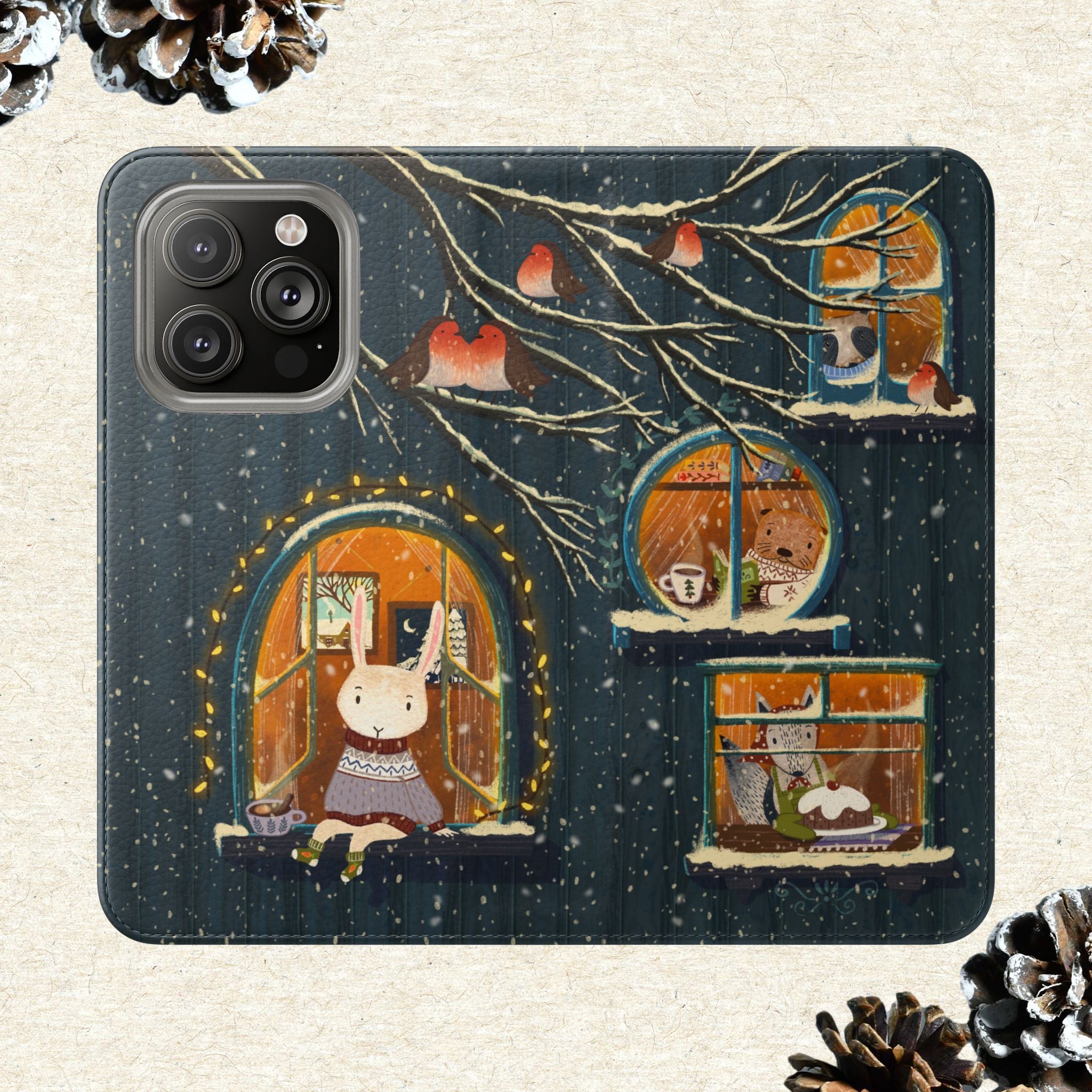 Cozy Winter Cottage Wallet Case, Cute Animals Flip Cover, Vegan Leather, Cozy Vibes, Gift Idea for iPhone 11 12 13 14 15 16, Galaxy S21 S22