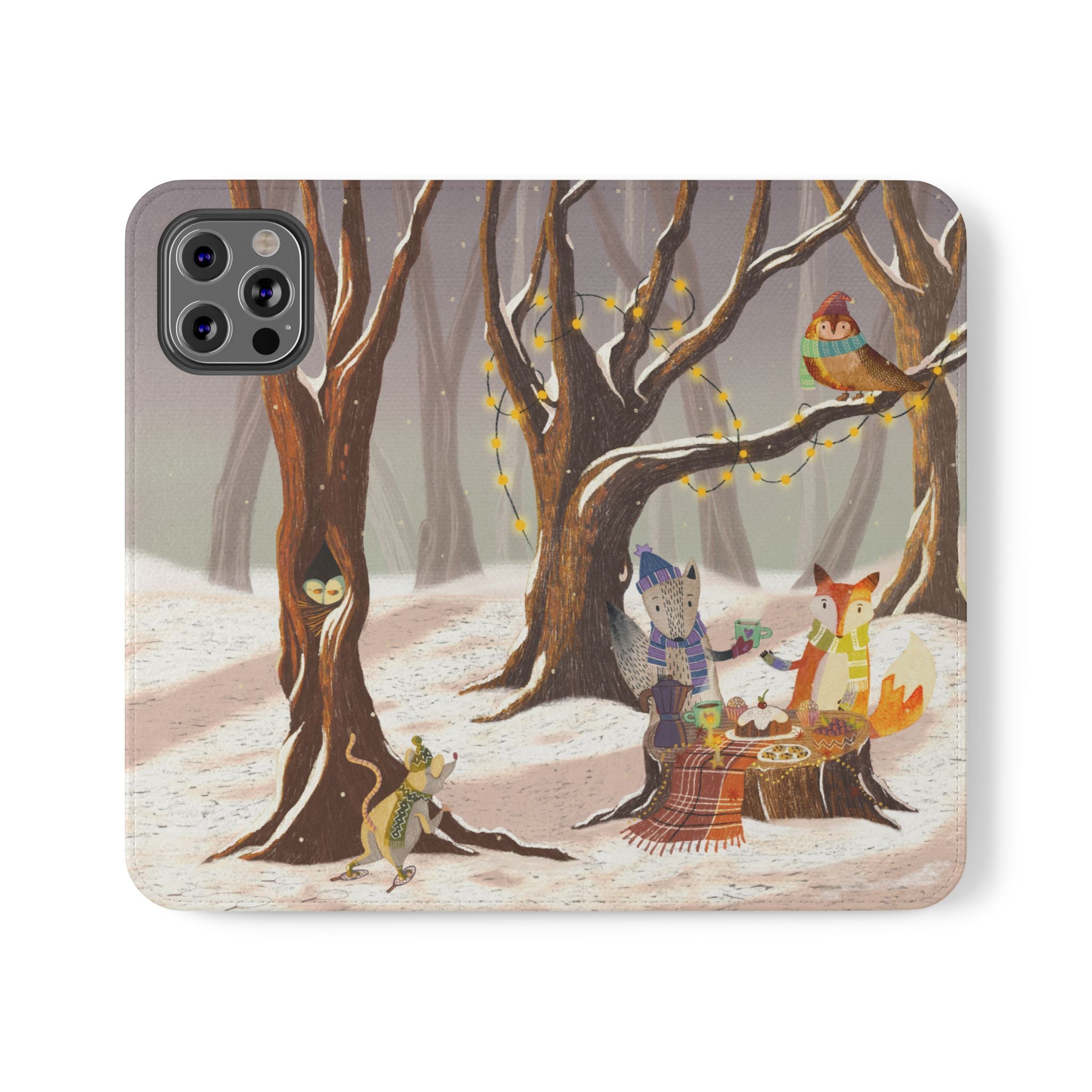 Winter Forest Tea Party Wallet Case, Woodland Animals Phone Flip Cover, Vegan Leather Case, iPhone 11 12 13 14 15 16, Galaxy Ultra S21 S22