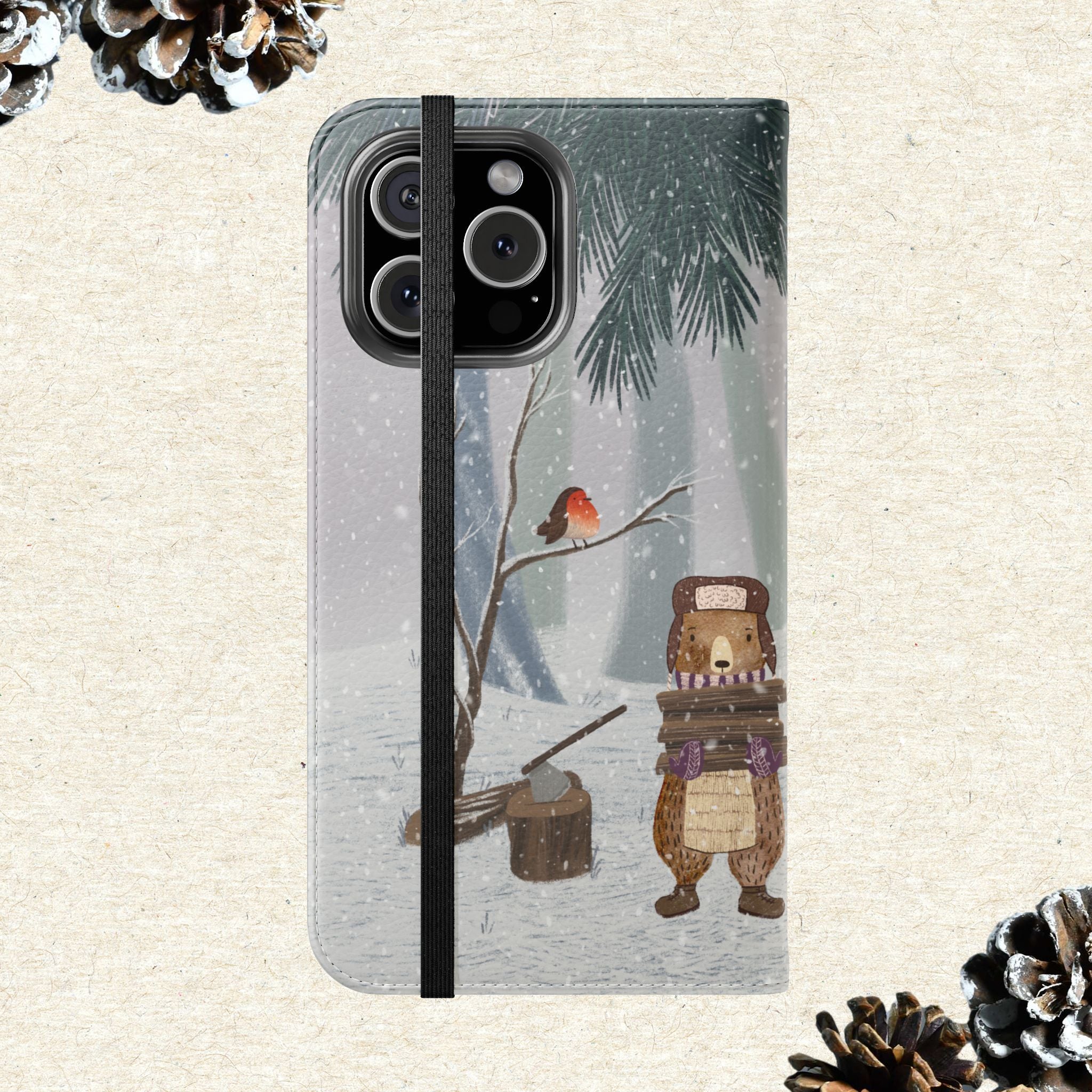 Winter Forest Friends Wallet Case, Woodland Flip Cover, Vegan Leather, Snowy Scene, Cozy Holiday, iPhone 11 12 13 14 15 16, Galaxy S21 S22