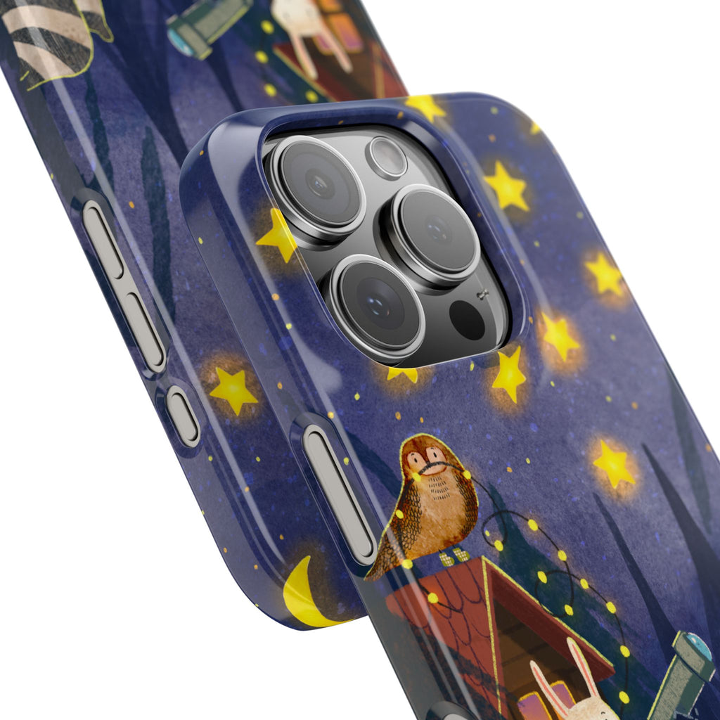 Stargazing Animals Slim iPhone Case, Night Sky Observatory Cover, Cute Forest Gift, Starry Night Gift, iPhone 16 15 14 13 12 11 X XR XS 8 7