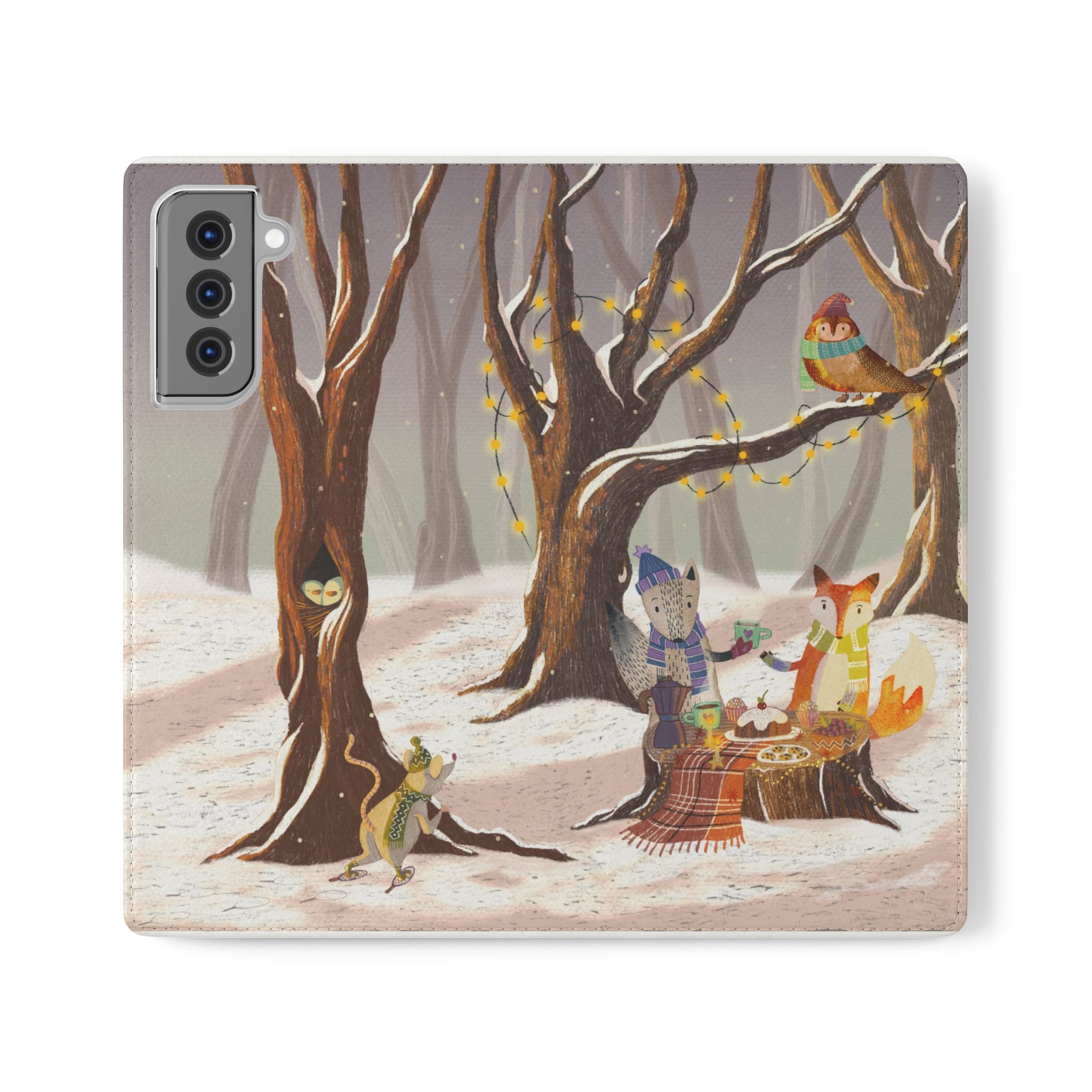 Winter Forest Tea Party Wallet Case, Woodland Animals Phone Flip Cover, Vegan Leather Case, iPhone 11 12 13 14 15 16, Galaxy Ultra S21 S22