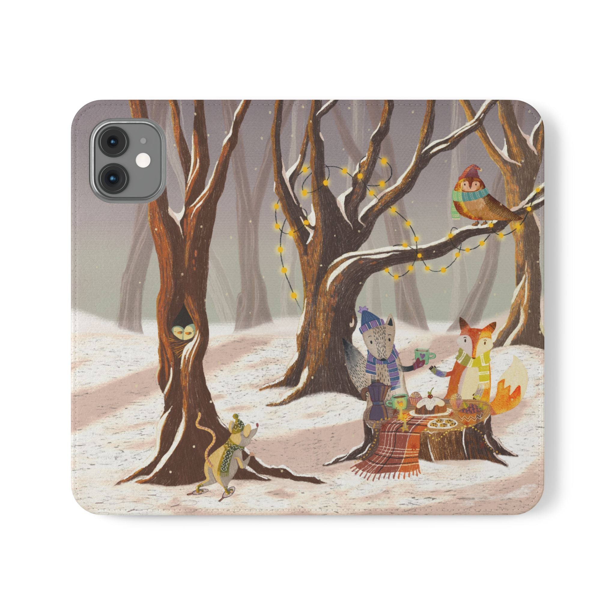 Winter Forest Tea Party Wallet Case, Woodland Animals Phone Flip Cover, Vegan Leather Case, iPhone 11 12 13 14 15 16, Galaxy Ultra S21 S22