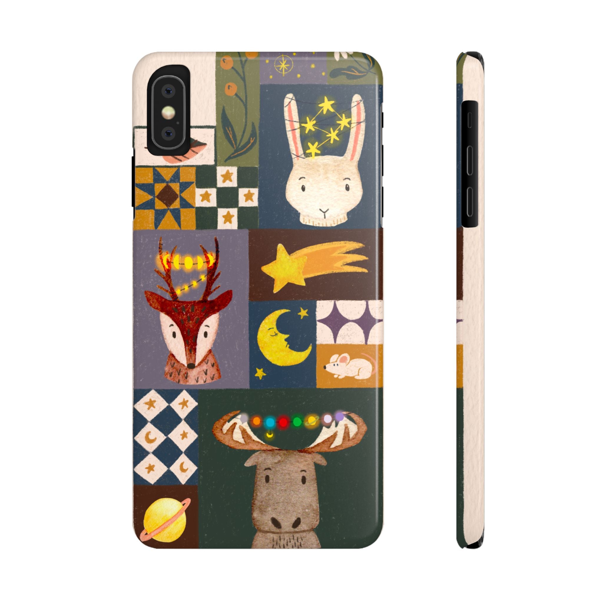 Holiday Night Sky Slim Case, Cute Forest Creatures iPhone Cover, Bunny Deer Moose, iPhone 7 8 X XR XS 11 12 13 14 15 16