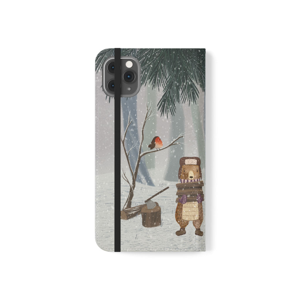 Winter Forest Friends Wallet Case, Woodland Flip Cover, Vegan Leather, Snowy Scene, Cozy Holiday, iPhone 11 12 13 14 15 16, Galaxy S21 S22