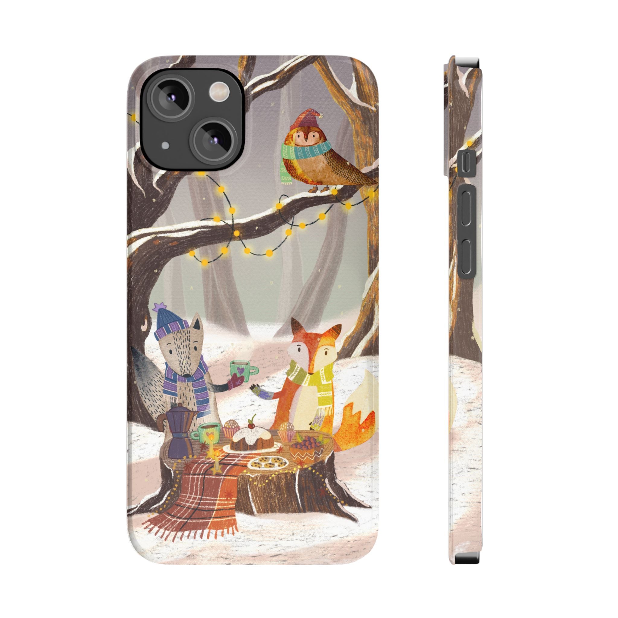 Cozy Winter Animals Slim iPhone Case, Cute Fox & Owl Design, Winter Theme Holiday Gift, Cute Phone Cover Gift, iPhone 16 15 14 13 12 11 X XR