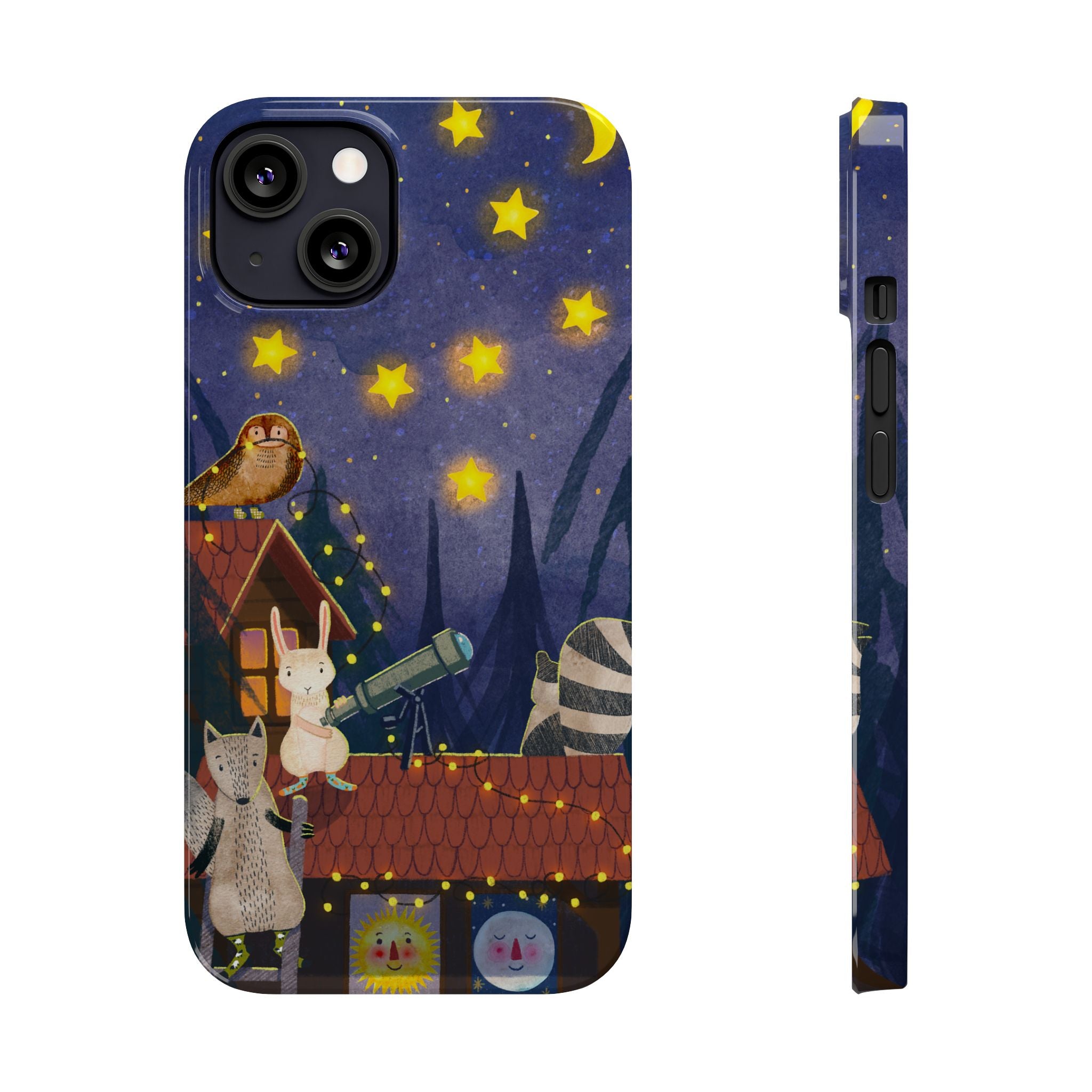 Stargazing Animals Slim iPhone Case, Night Sky Observatory Cover, Cute Forest Gift, Starry Night Gift, iPhone 16 15 14 13 12 11 X XR XS 8 7