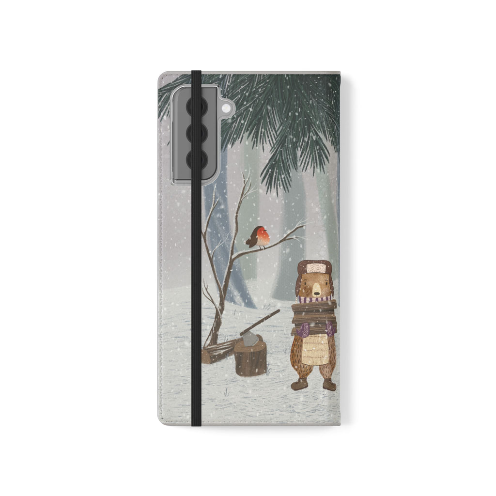 Winter Forest Friends Wallet Case, Woodland Flip Cover, Vegan Leather, Snowy Scene, Cozy Holiday, iPhone 11 12 13 14 15 16, Galaxy S21 S22