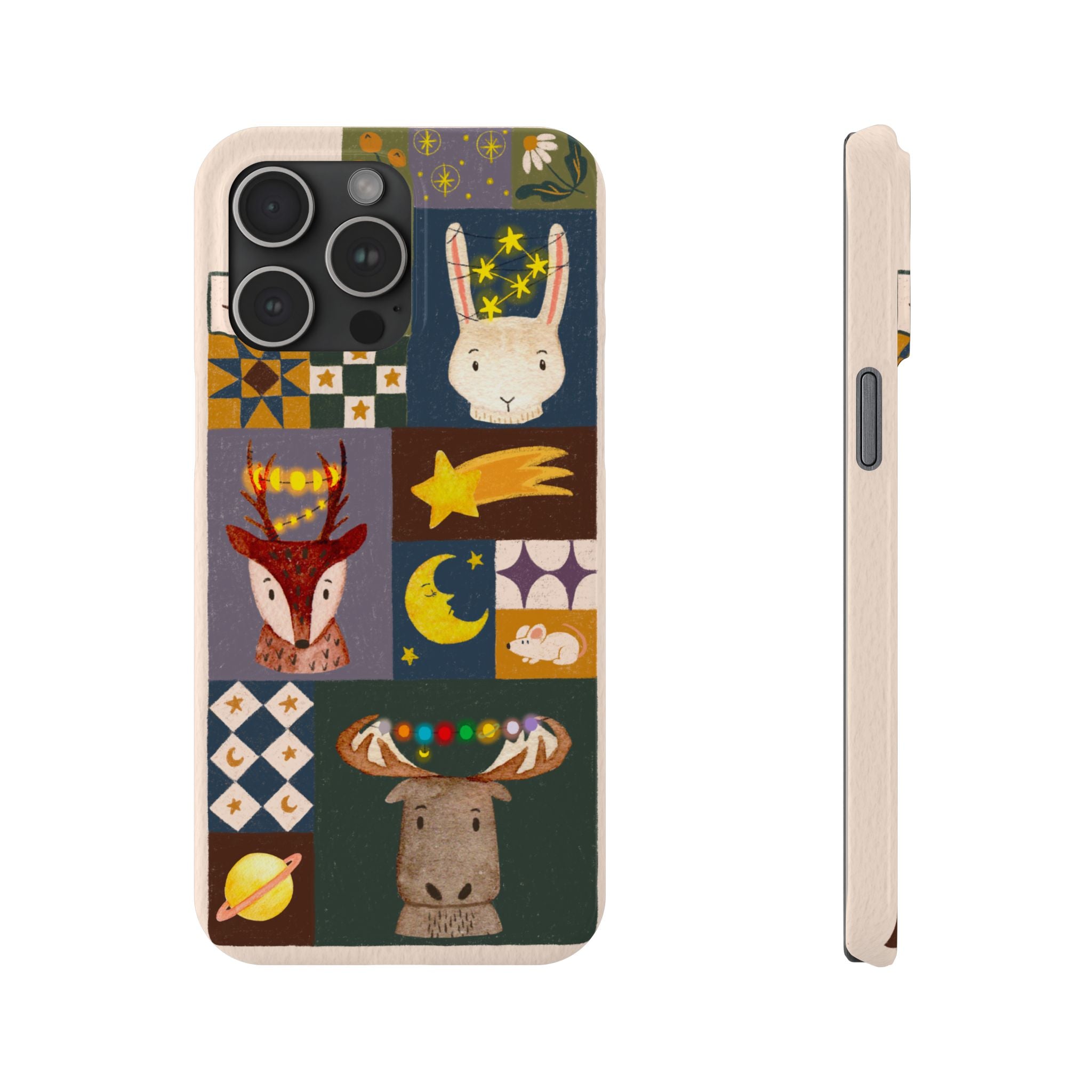 Holiday Night Sky Slim Case, Cute Forest Creatures iPhone Cover, Bunny Deer Moose, iPhone 7 8 X XR XS 11 12 13 14 15 16