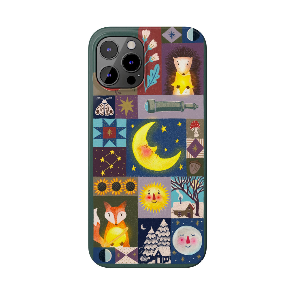 Celestial Quilt iPhone Case, Folk Art Moon Sun Fox Case, Nature Patchwork Cover, Cute Stellar Design, iPhone 7 8 X XR XS 11 12 13 14 15 16