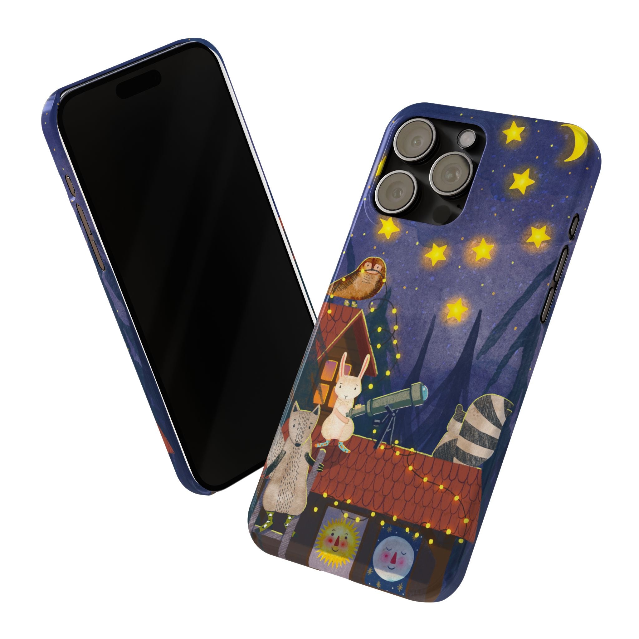 Stargazing Animals Slim iPhone Case, Night Sky Observatory Cover, Cute Forest Gift, Starry Night Gift, iPhone 16 15 14 13 12 11 X XR XS 8 7