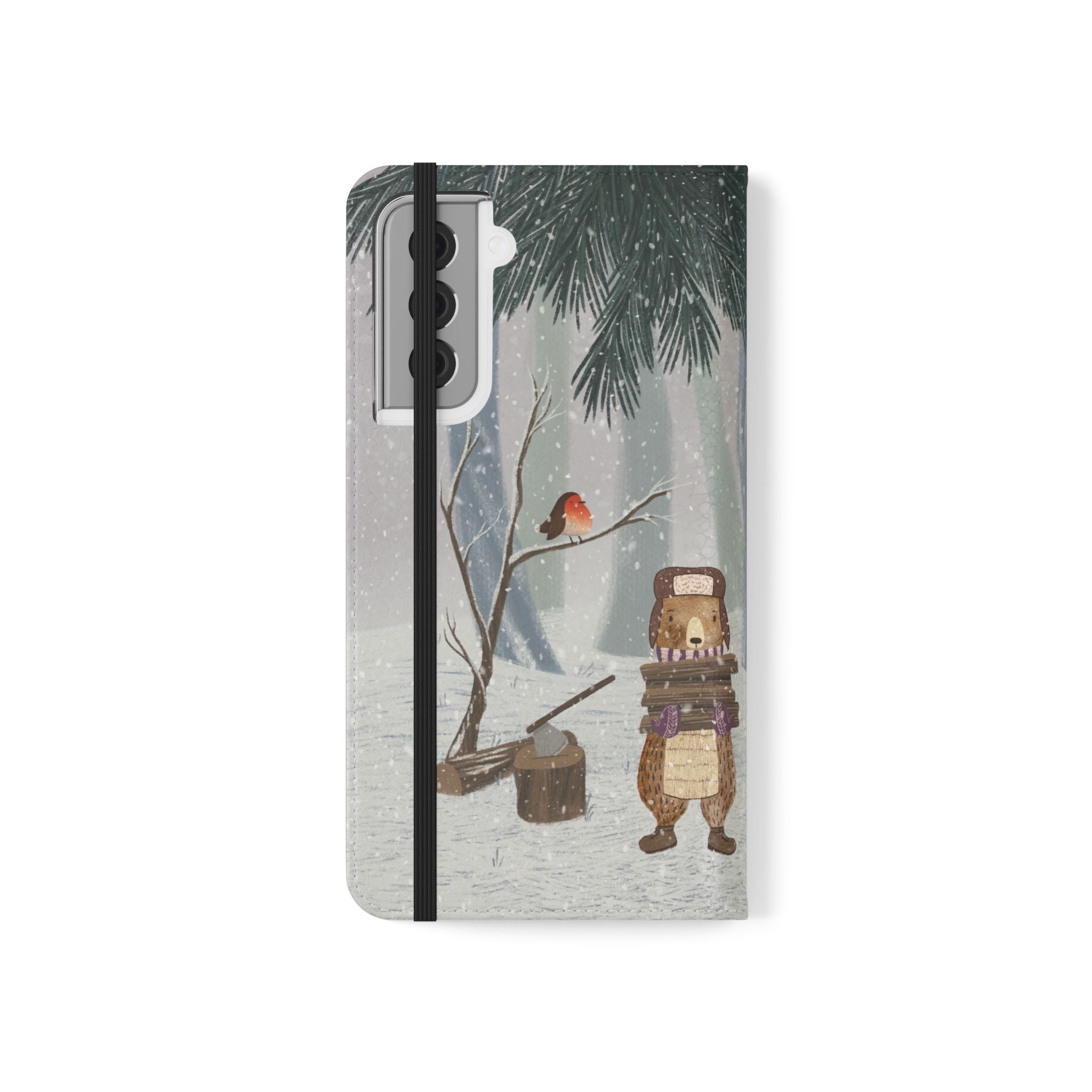 Winter Forest Friends Wallet Case, Woodland Flip Cover, Vegan Leather, Snowy Scene, Cozy Holiday, iPhone 11 12 13 14 15 16, Galaxy S21 S22