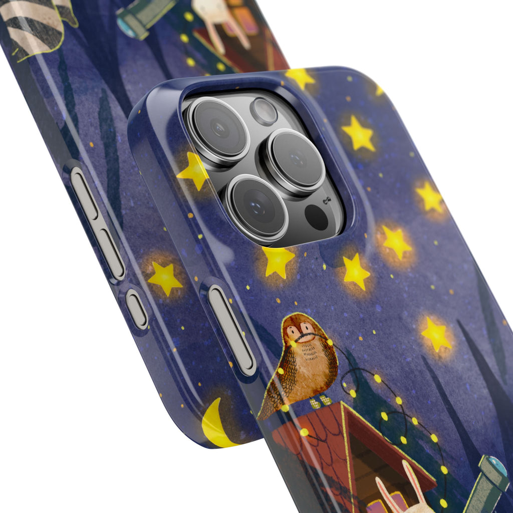 Stargazing Animals Slim iPhone Case, Night Sky Observatory Cover, Cute Forest Gift, Starry Night Gift, iPhone 16 15 14 13 12 11 X XR XS 8 7