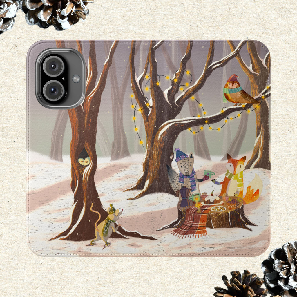 Winter Forest Tea Party Wallet Case, Woodland Animals Phone Flip Cover, Vegan Leather Case, iPhone 11 12 13 14 15 16, Galaxy Ultra S21 S22