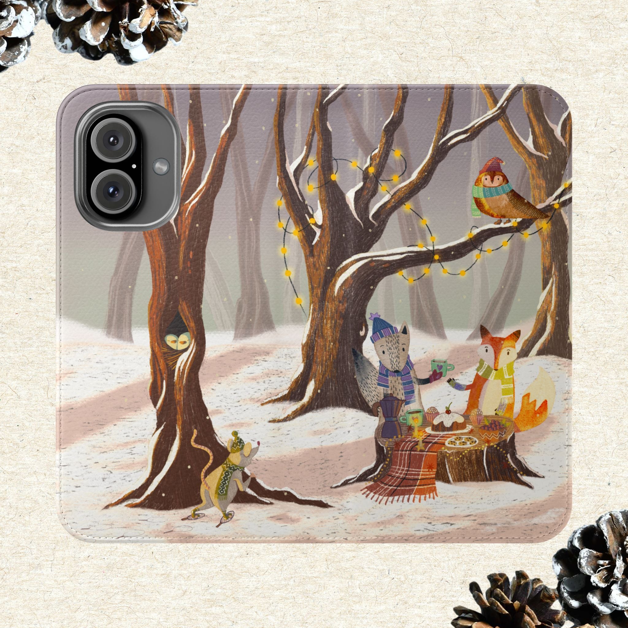 Winter Forest Tea Party Wallet Case, Woodland Animals Phone Flip Cover, Vegan Leather Case, iPhone 11 12 13 14 15 16, Galaxy Ultra S21 S22