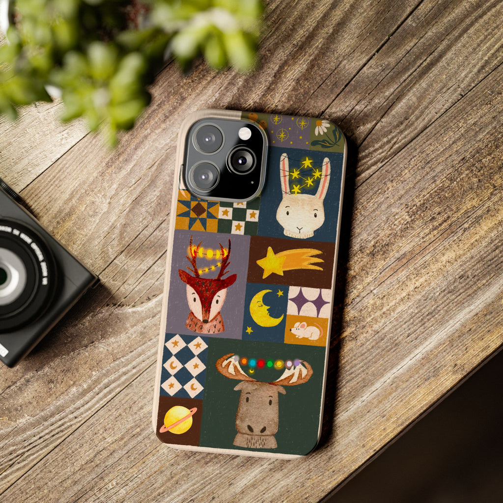 Holiday Night Sky Slim Case, Cute Forest Creatures iPhone Cover, Bunny Deer Moose, iPhone 7 8 X XR XS 11 12 13 14 15 16
