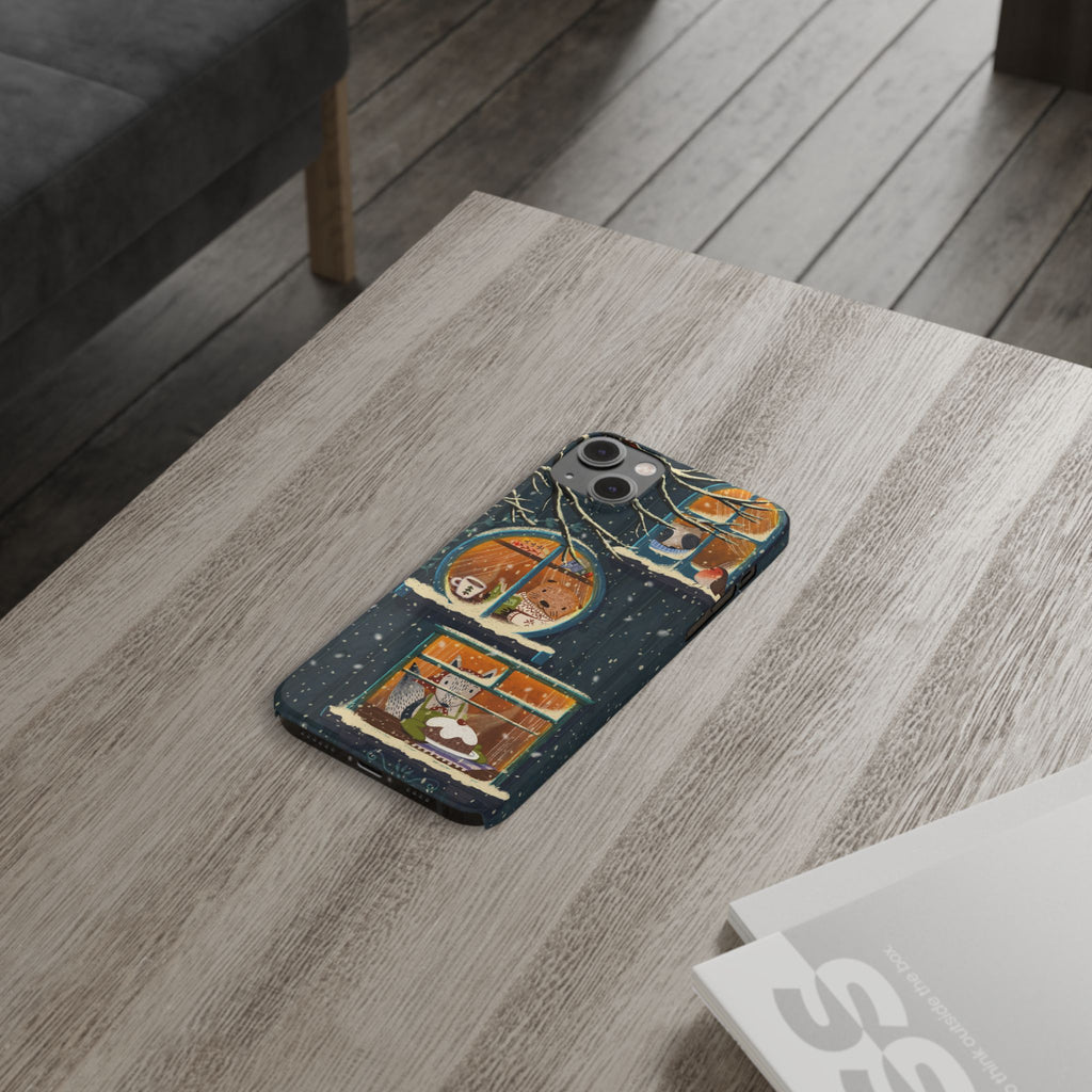 Cute Winter Animals Cozy Home iPhone Case, Woodland Cottage Cover, Treehouse at Night, Raccoon Bear Fox, iPhone 16 15 14 13 12 11 X XR 8 7