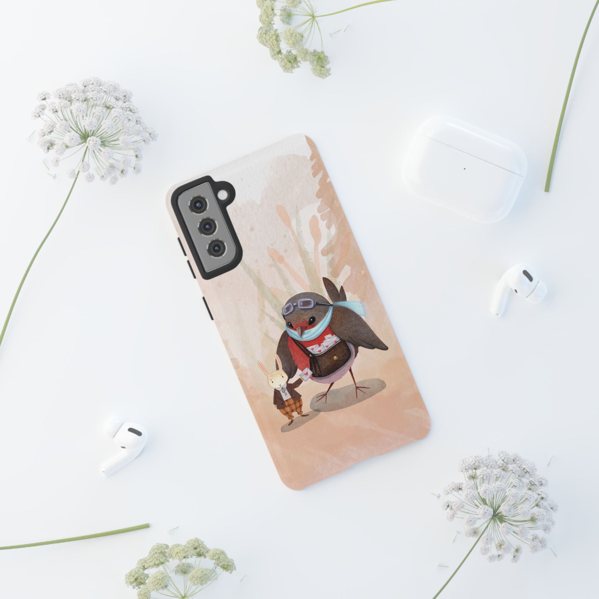 Whimsical Animal Phone Case, Cute Bird and Rabbit Design, Animal Lovers Gift, Nature-Themed Accessory, Eco-Friendly Tech Cover