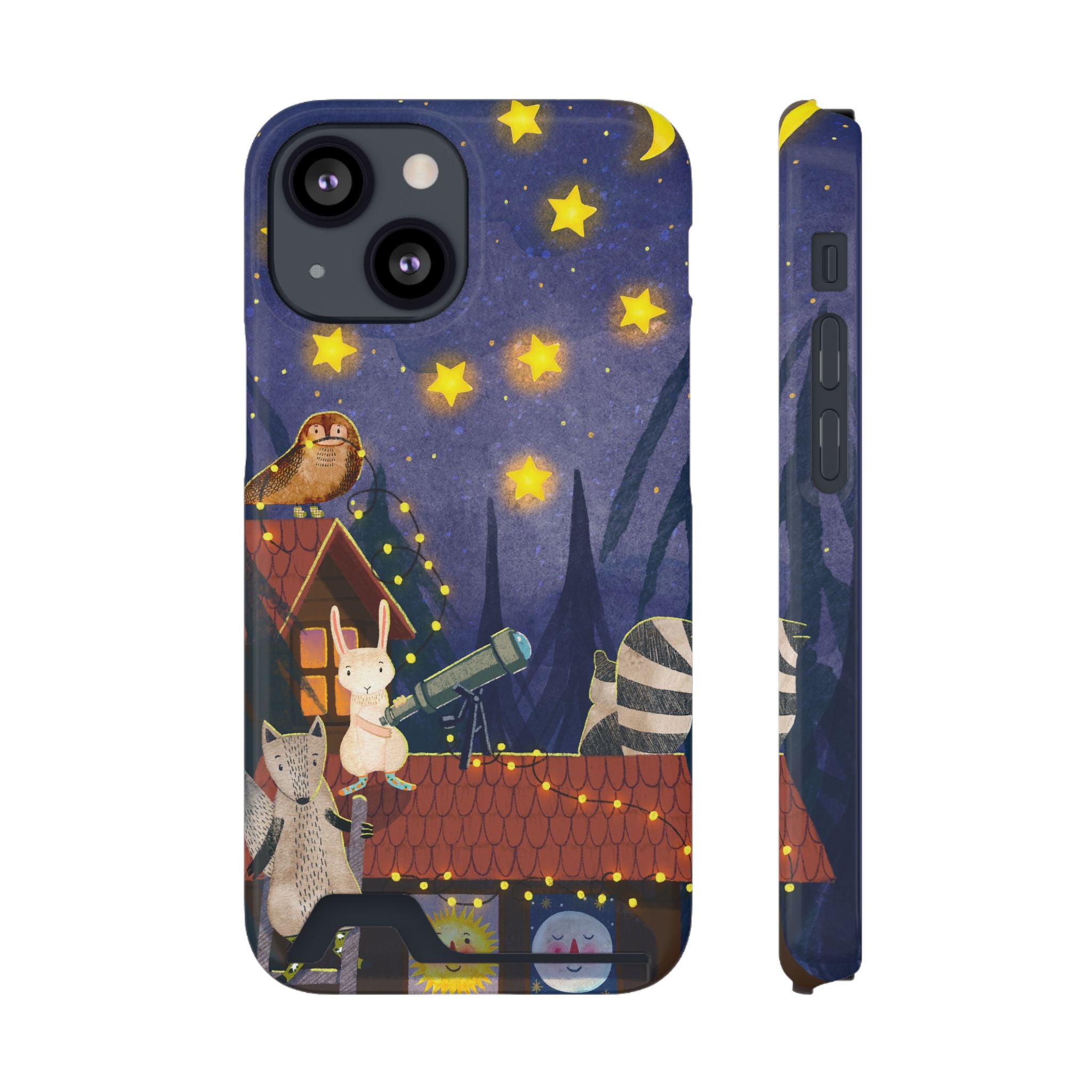 Stargazing Animals Phone Case With Card Holder - Cute Animal Design for Kids, Gift for Urban Explorers, Night Sky Vibes, Fun Accessory