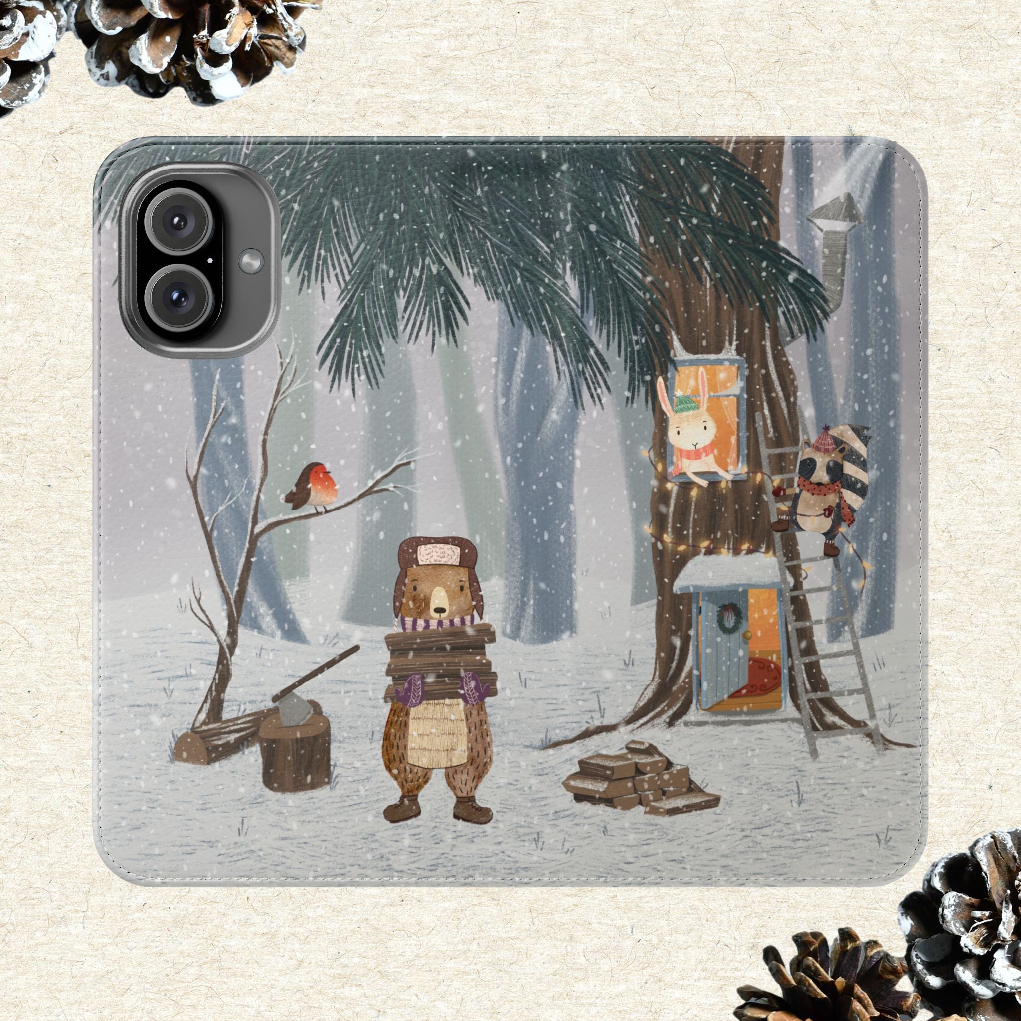 Winter Forest Friends Wallet Case, Woodland Flip Cover, Vegan Leather, Snowy Scene, Cozy Holiday, iPhone 11 12 13 14 15 16, Galaxy S21 S22