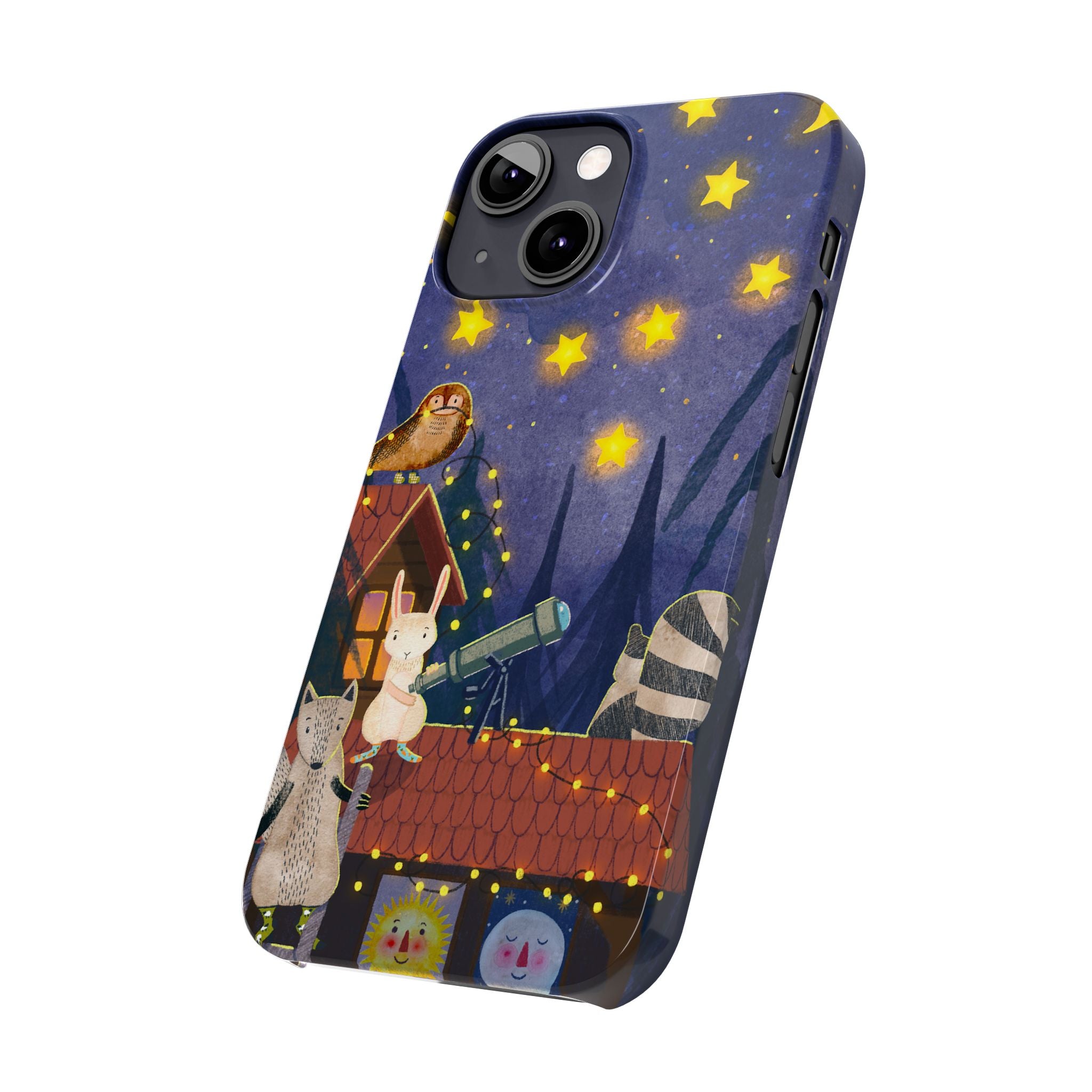 Stargazing Animals Slim iPhone Case, Night Sky Observatory Cover, Cute Forest Gift, Starry Night Gift, iPhone 16 15 14 13 12 11 X XR XS 8 7