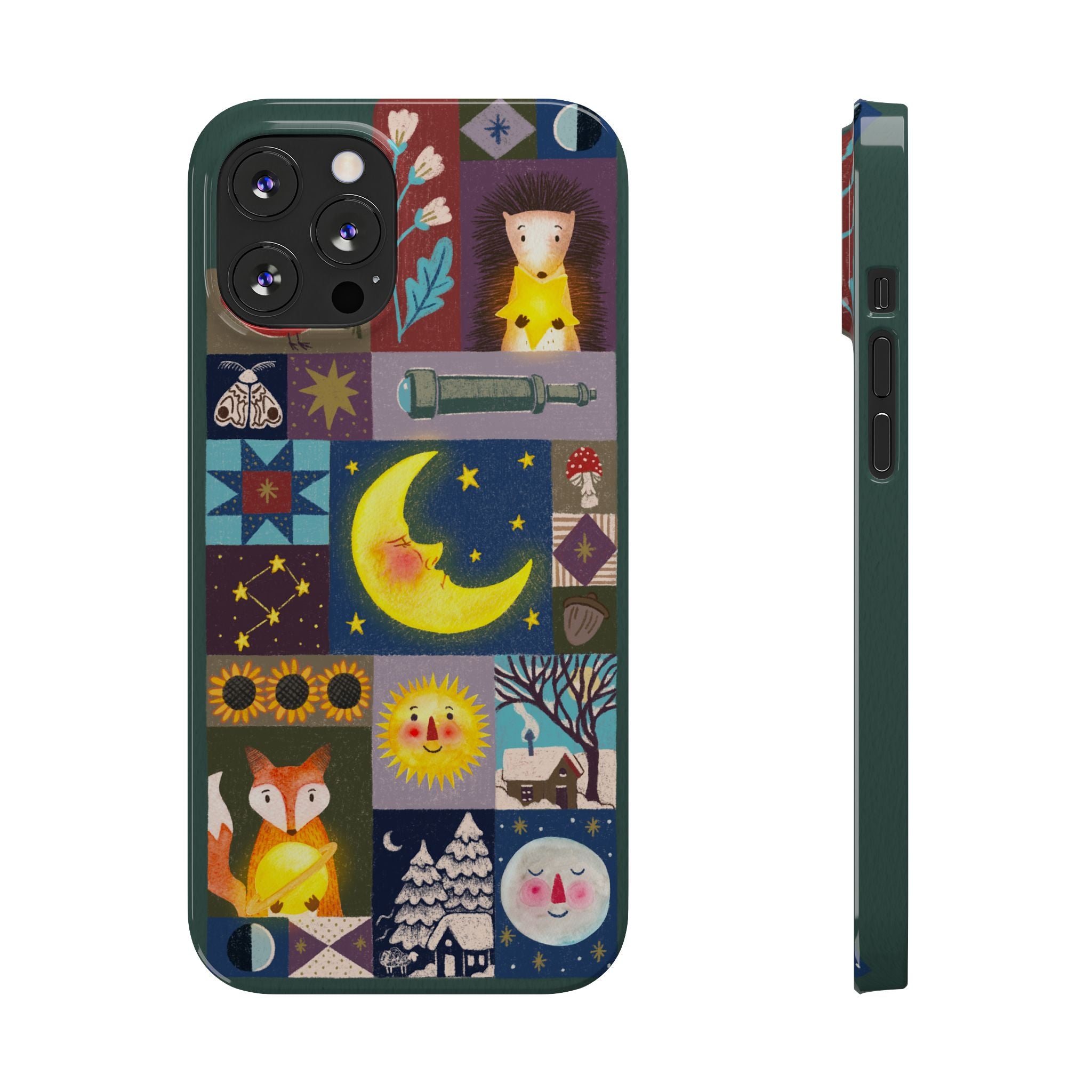 Celestial Quilt iPhone Case, Folk Art Moon Sun Fox Case, Nature Patchwork Cover, Cute Stellar Design, iPhone 7 8 X XR XS 11 12 13 14 15 16