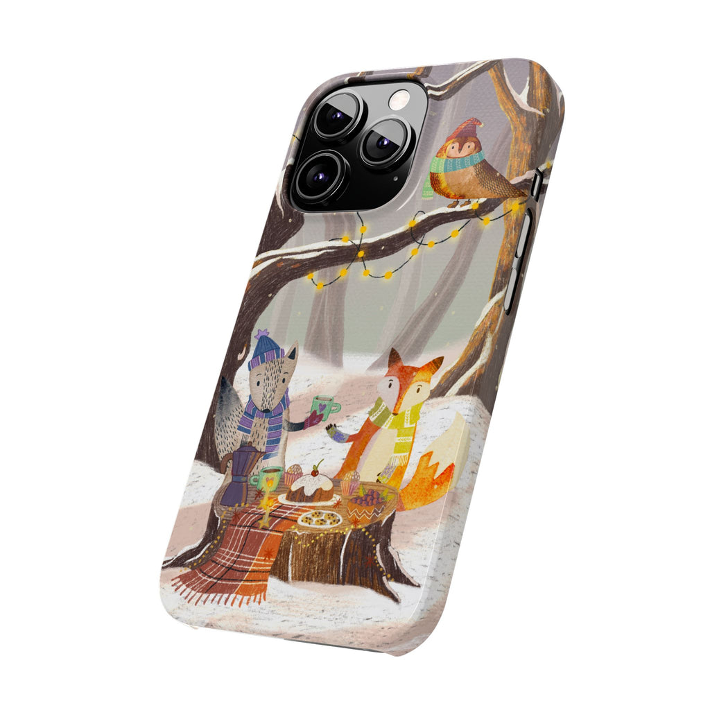 Cozy Winter Animals Slim iPhone Case, Cute Fox & Owl Design, Winter Theme Holiday Gift, Cute Phone Cover Gift, iPhone 16 15 14 13 12 11 X XR