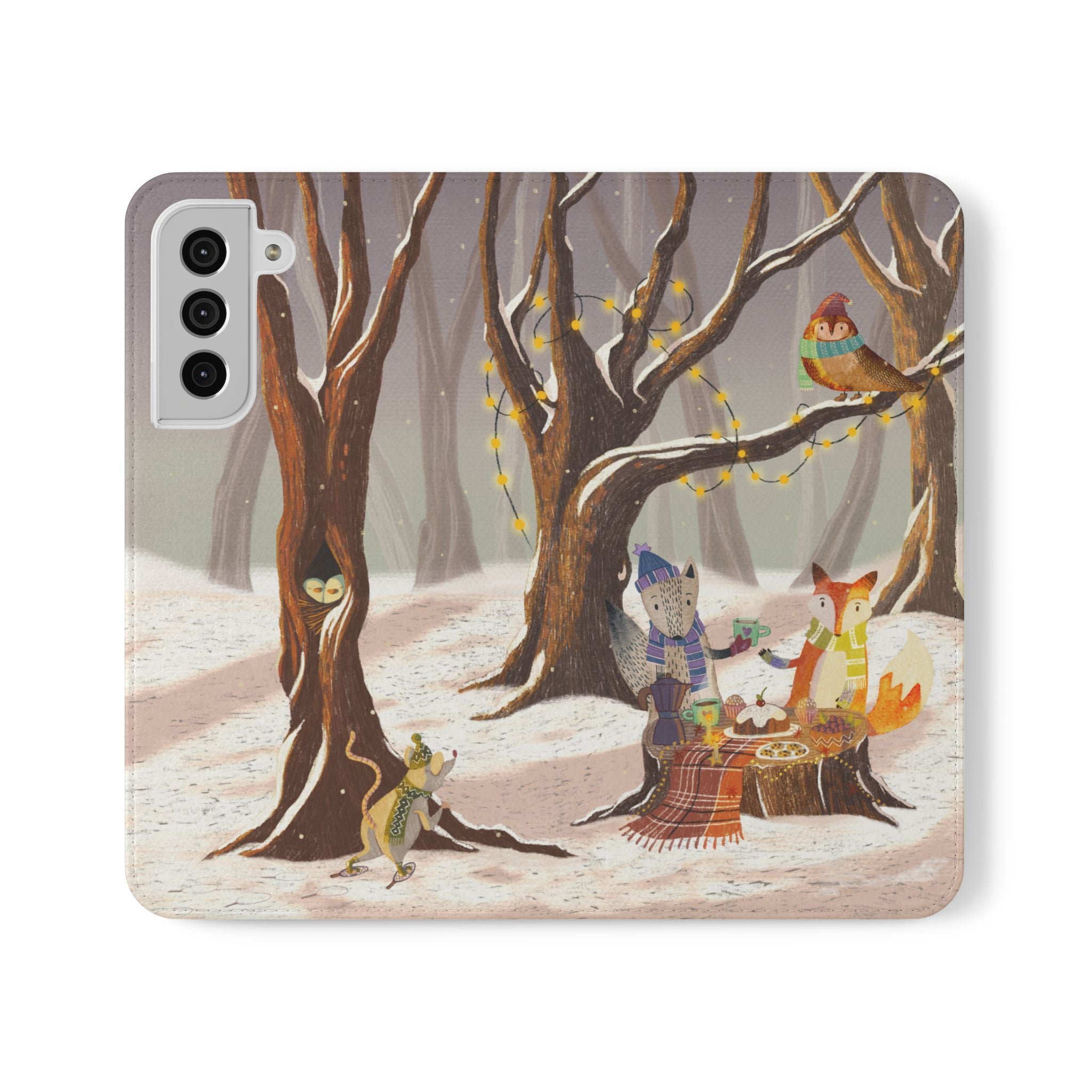 Winter Forest Tea Party Wallet Case, Woodland Animals Phone Flip Cover, Vegan Leather Case, iPhone 11 12 13 14 15 16, Galaxy Ultra S21 S22