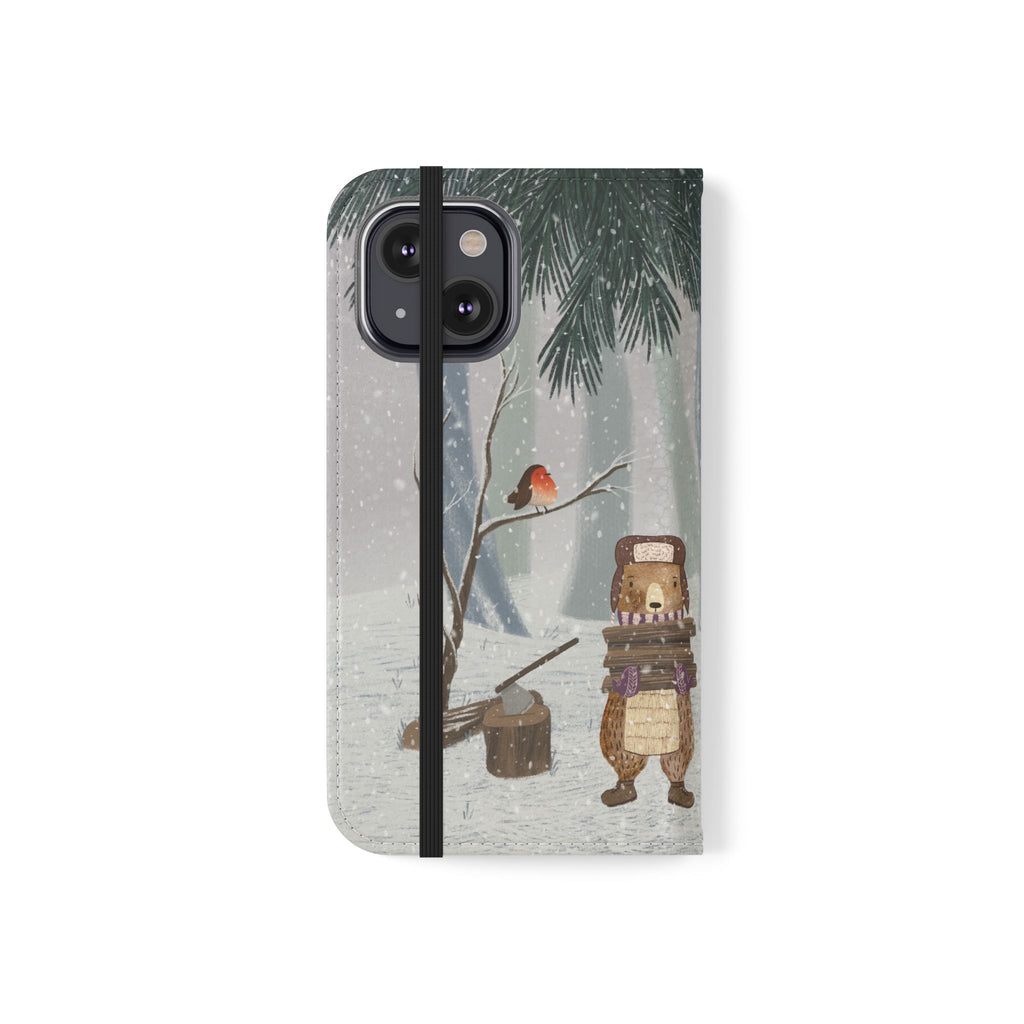 Winter Forest Friends Wallet Case, Woodland Flip Cover, Vegan Leather, Snowy Scene, Cozy Holiday, iPhone 11 12 13 14 15 16, Galaxy S21 S22