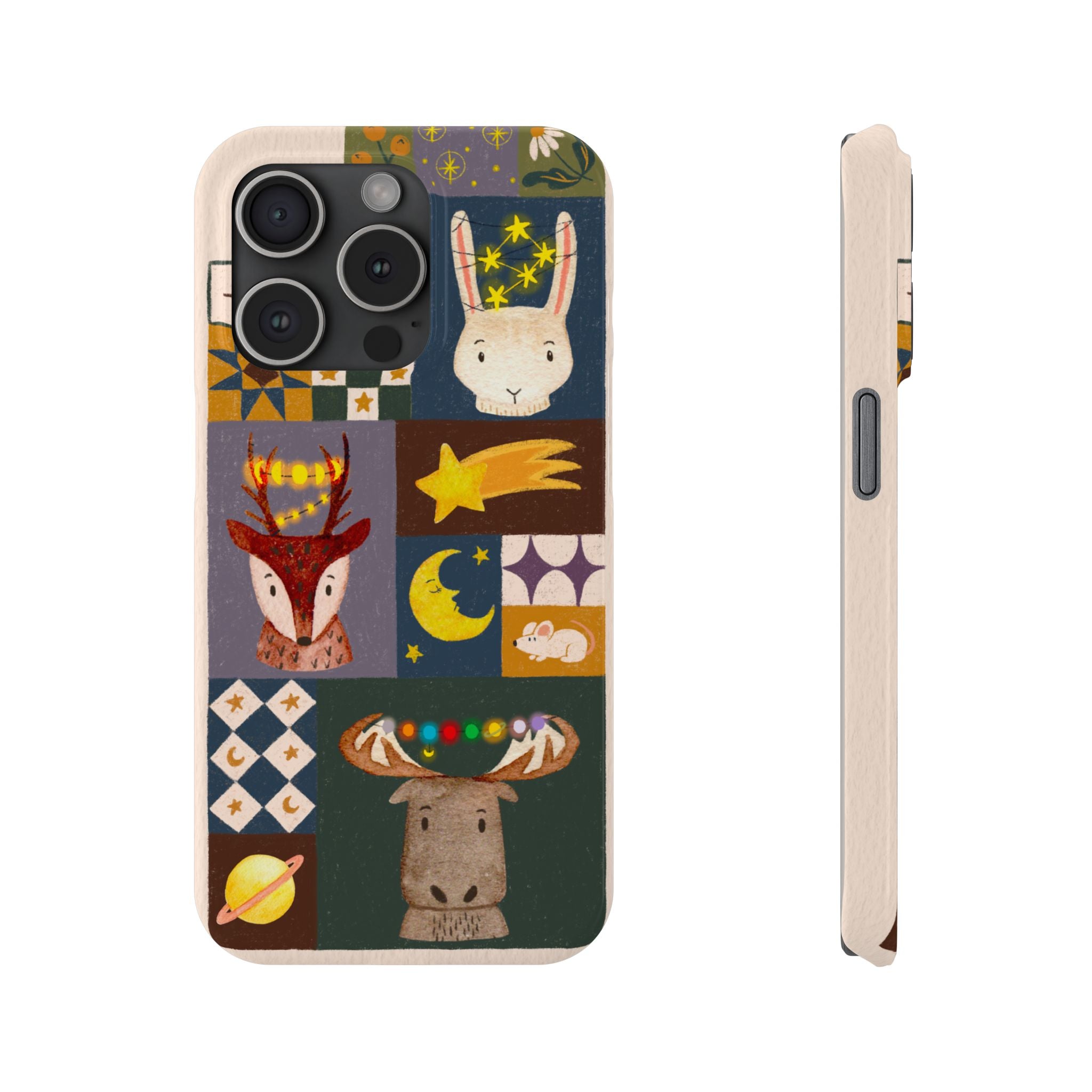 Holiday Night Sky Slim Case, Cute Forest Creatures iPhone Cover, Bunny Deer Moose, iPhone 7 8 X XR XS 11 12 13 14 15 16