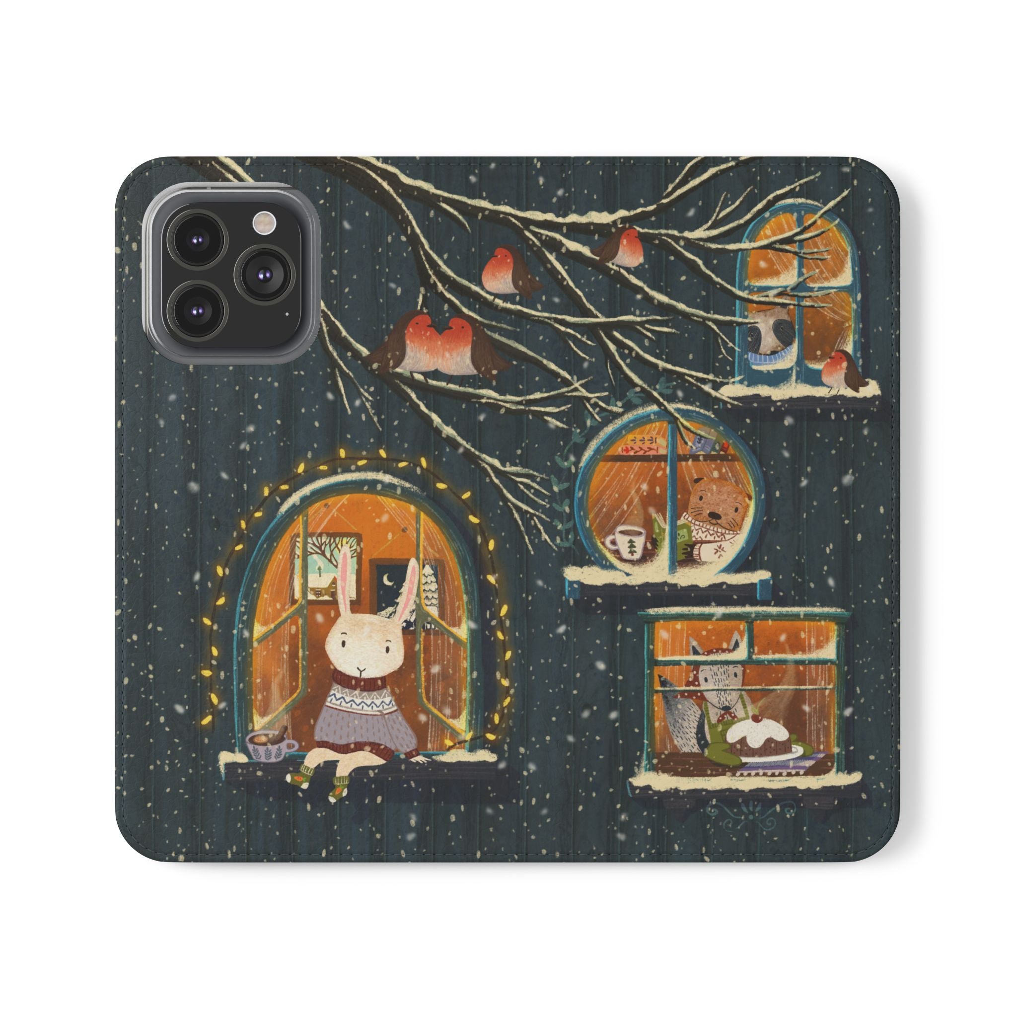 Cozy Winter Cottage Wallet Case, Cute Animals Flip Cover, Vegan Leather, Cozy Vibes, Gift Idea for iPhone 11 12 13 14 15 16, Galaxy S21 S22