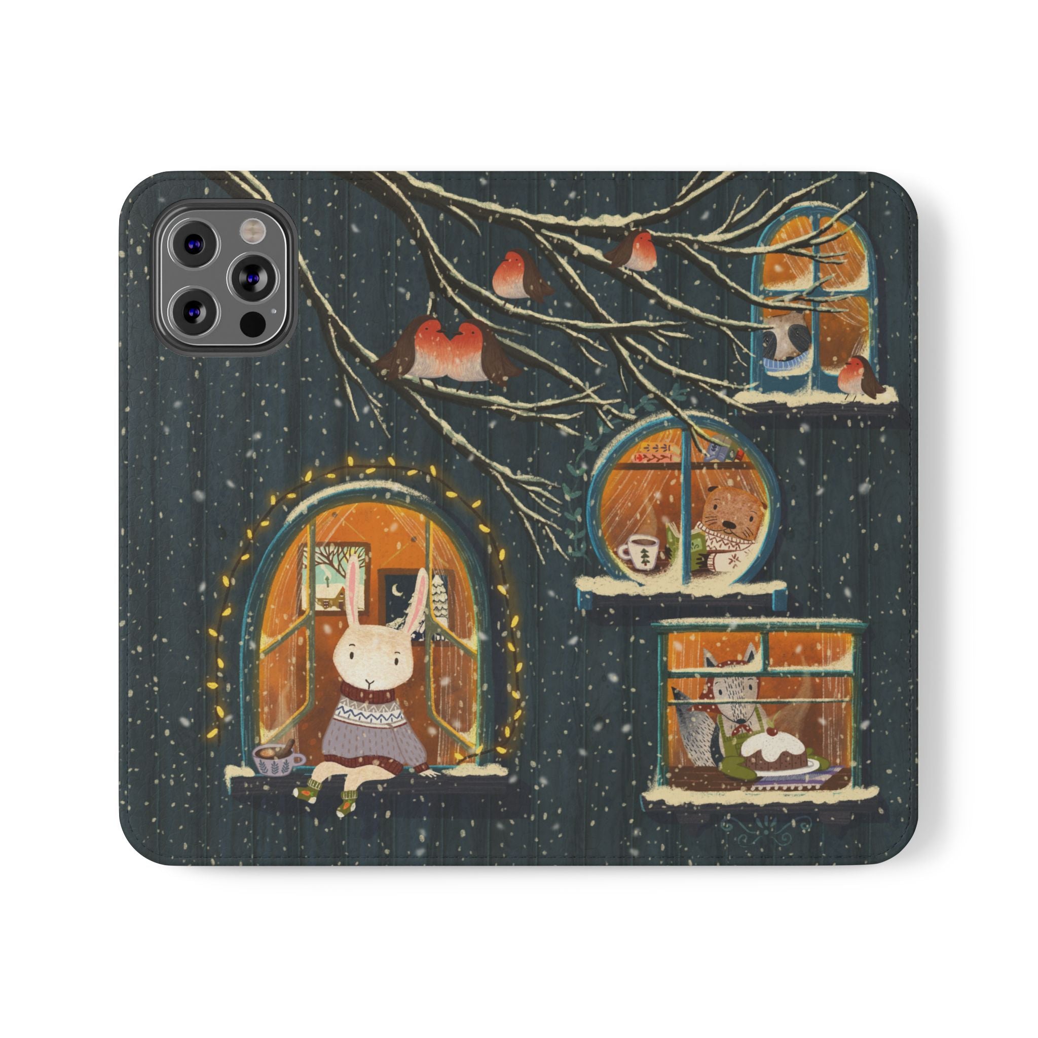 Cozy Winter Cottage Wallet Case, Cute Animals Flip Cover, Vegan Leather, Cozy Vibes, Gift Idea for iPhone 11 12 13 14 15 16, Galaxy S21 S22
