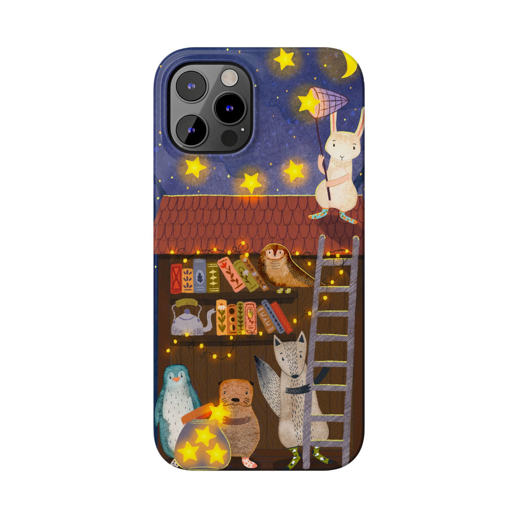 Starlit Library Phone Case, Woodland Animals iPhone Case, Cozy Night Scene Cover, Cute Animals Case Gift, iPhone 7 8 X XR 11 12 13 14 15 16