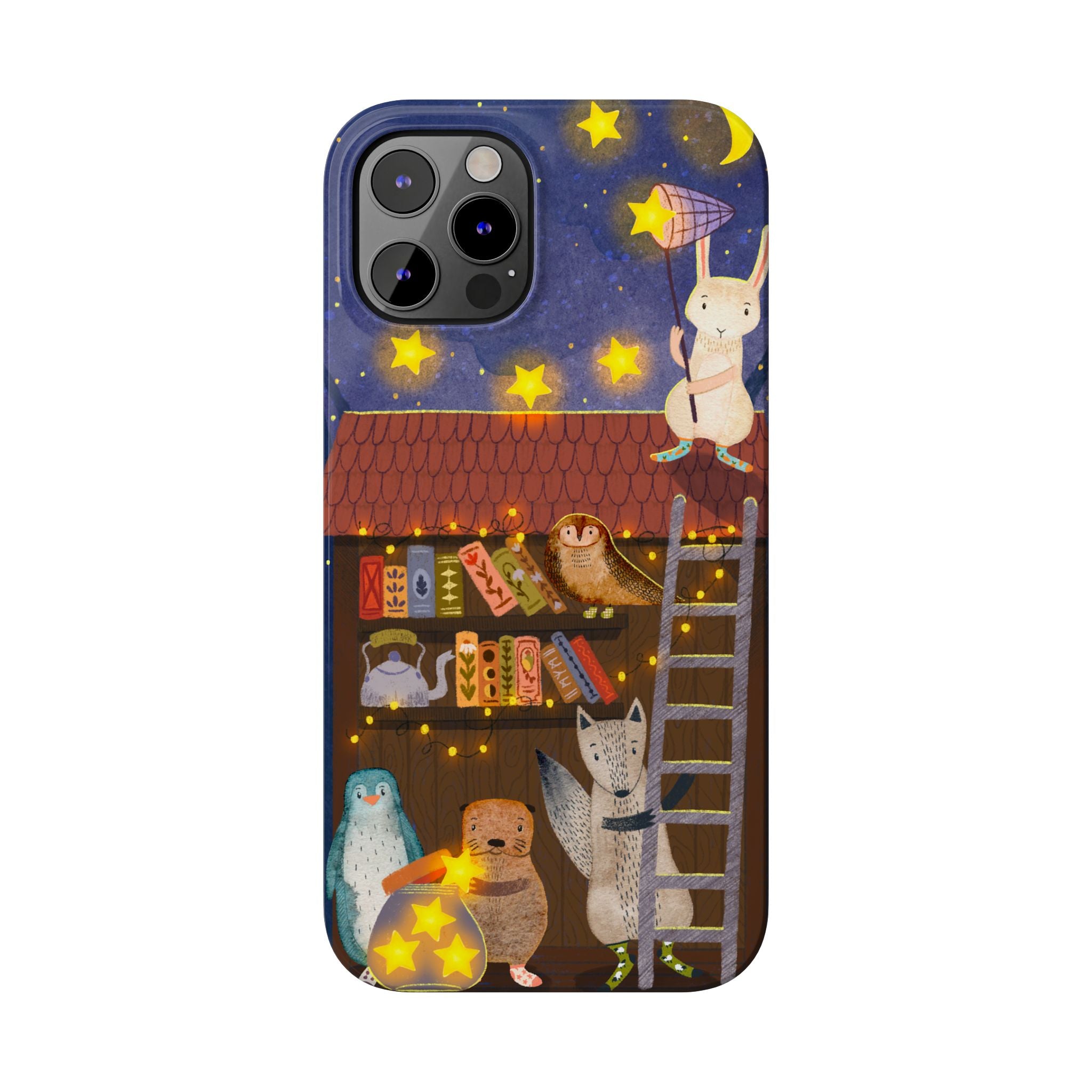 Starlit Library Phone Case, Woodland Animals iPhone Case, Cozy Night Scene Cover, Cute Animals Case Gift, iPhone 7 8 X XR 11 12 13 14 15 16