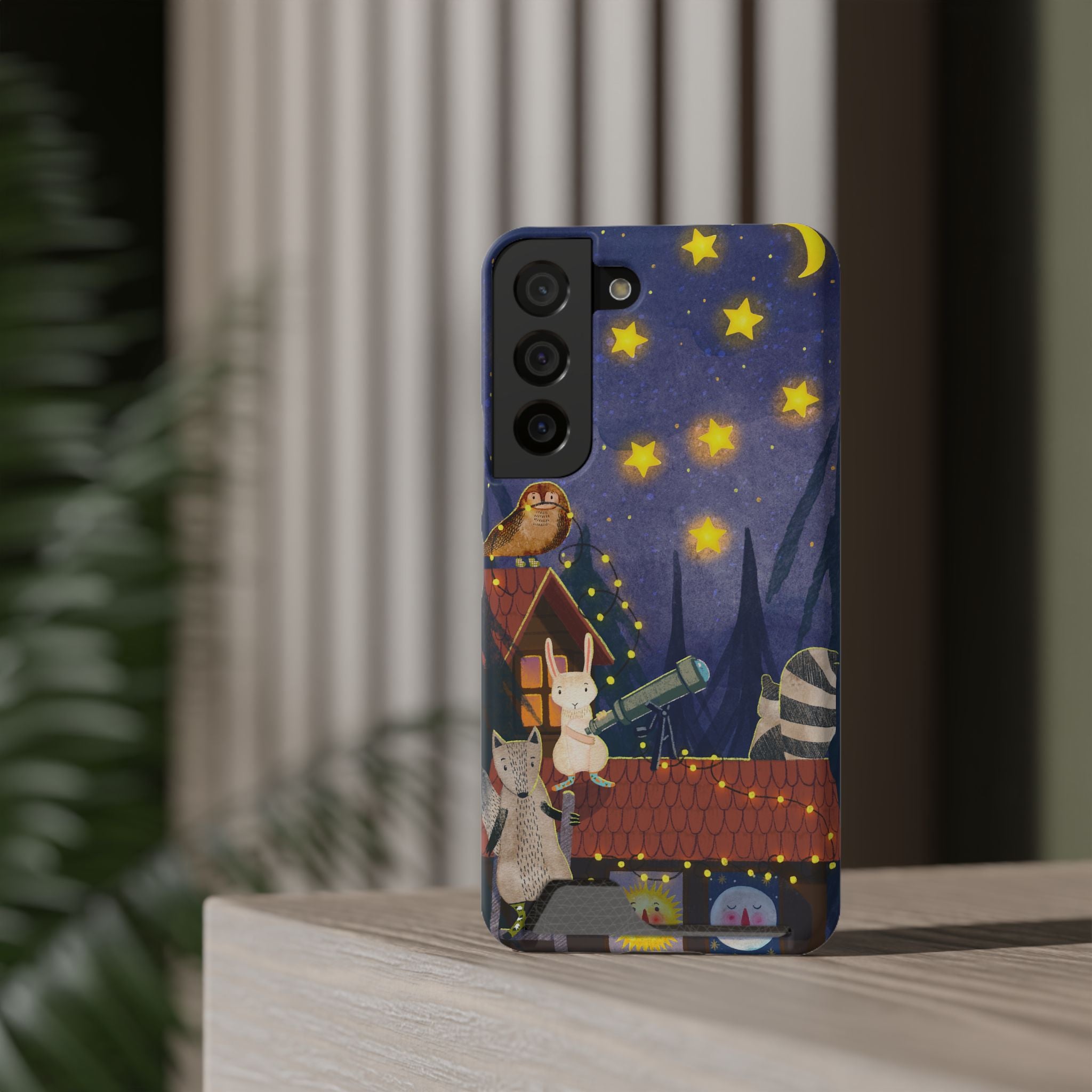 Stargazing Animals Phone Case With Card Holder - Cute Animal Design for Kids, Gift for Urban Explorers, Night Sky Vibes, Fun Accessory
