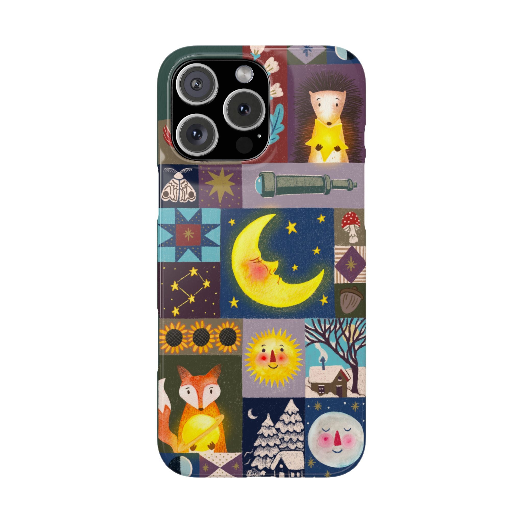 Celestial Quilt iPhone Case, Folk Art Moon Sun Fox Case, Nature Patchwork Cover, Cute Stellar Design, iPhone 7 8 X XR XS 11 12 13 14 15 16