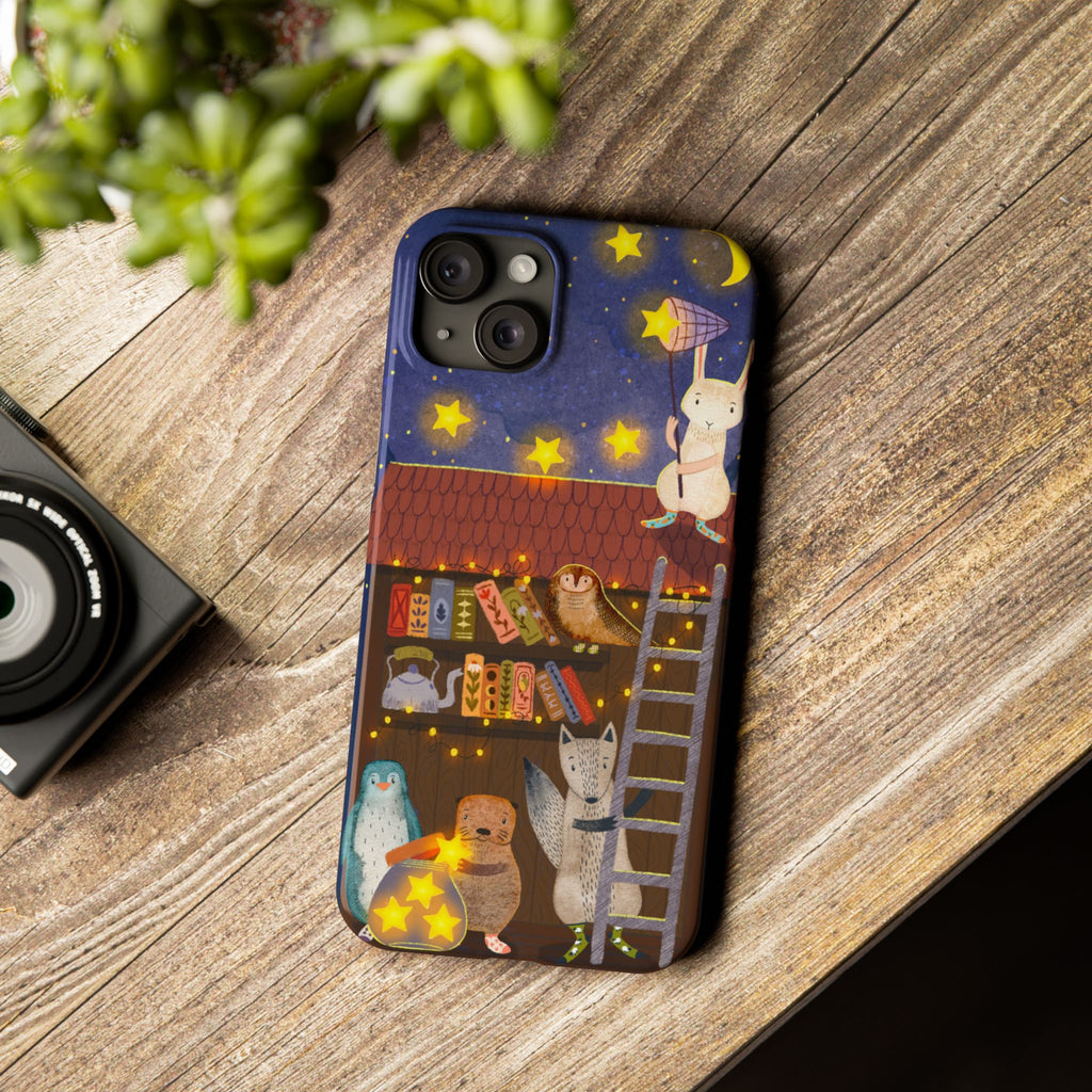 Starlit Library Phone Case, Woodland Animals iPhone Case, Cozy Night Scene Cover, Cute Animals Case Gift, iPhone 7 8 X XR 11 12 13 14 15 16