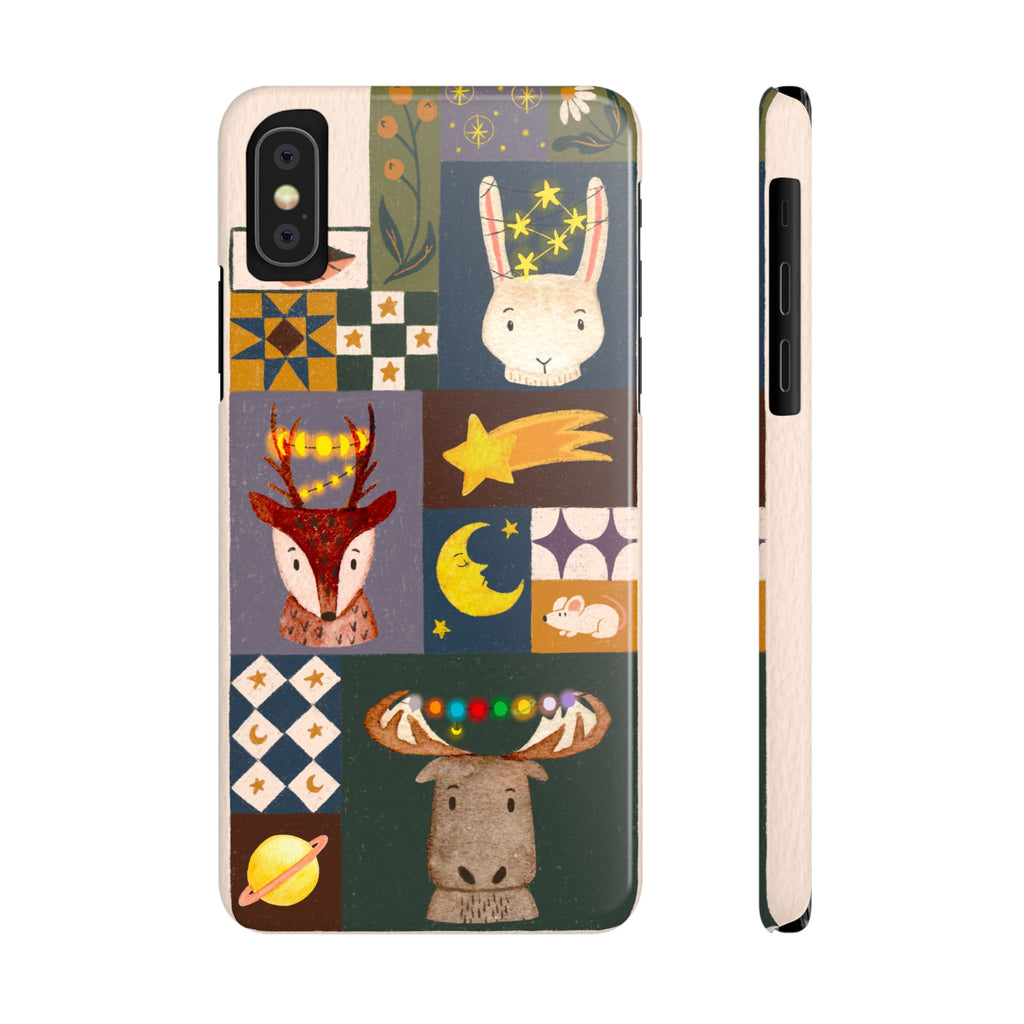 Holiday Night Sky Slim Case, Cute Forest Creatures iPhone Cover, Bunny Deer Moose, iPhone 7 8 X XR XS 11 12 13 14 15 16