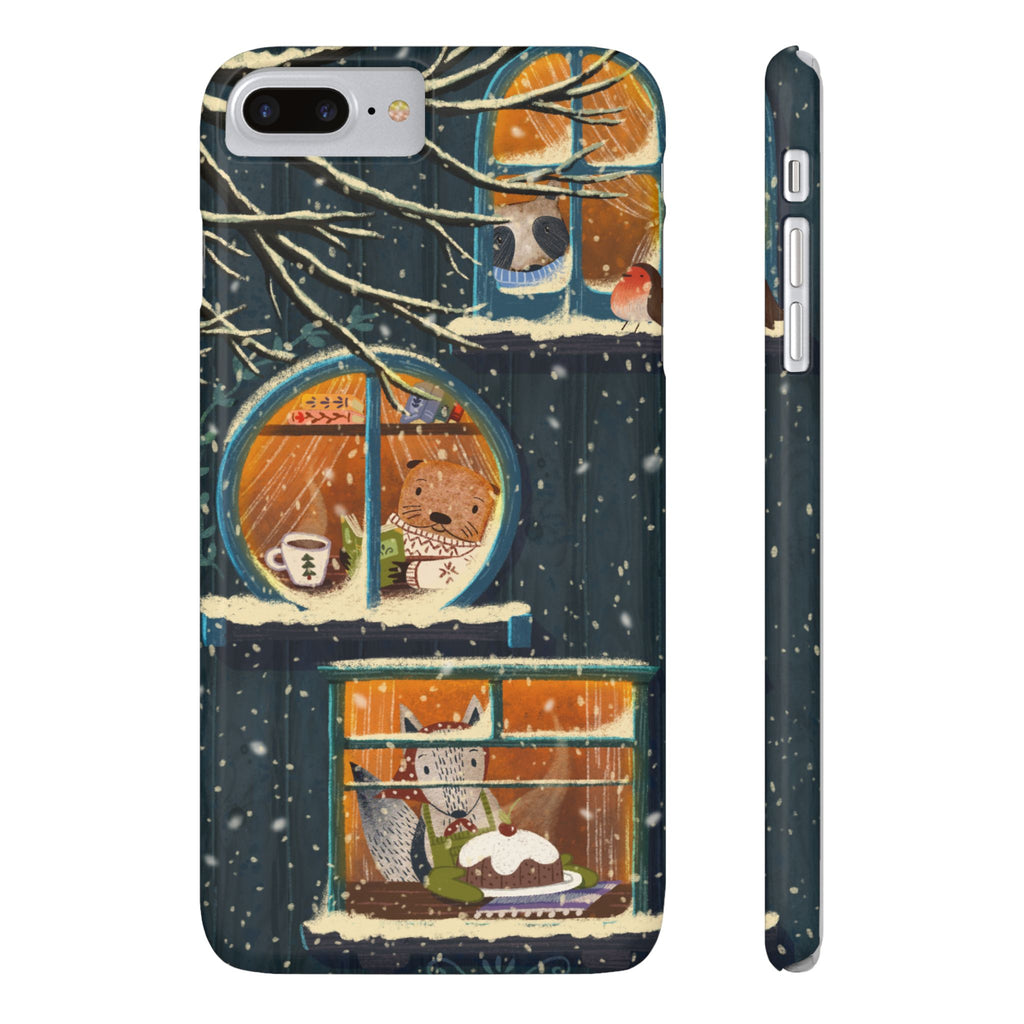 Cute Winter Animals Cozy Home iPhone Case, Woodland Cottage Cover, Treehouse at Night, Raccoon Bear Fox, iPhone 16 15 14 13 12 11 X XR 8 7